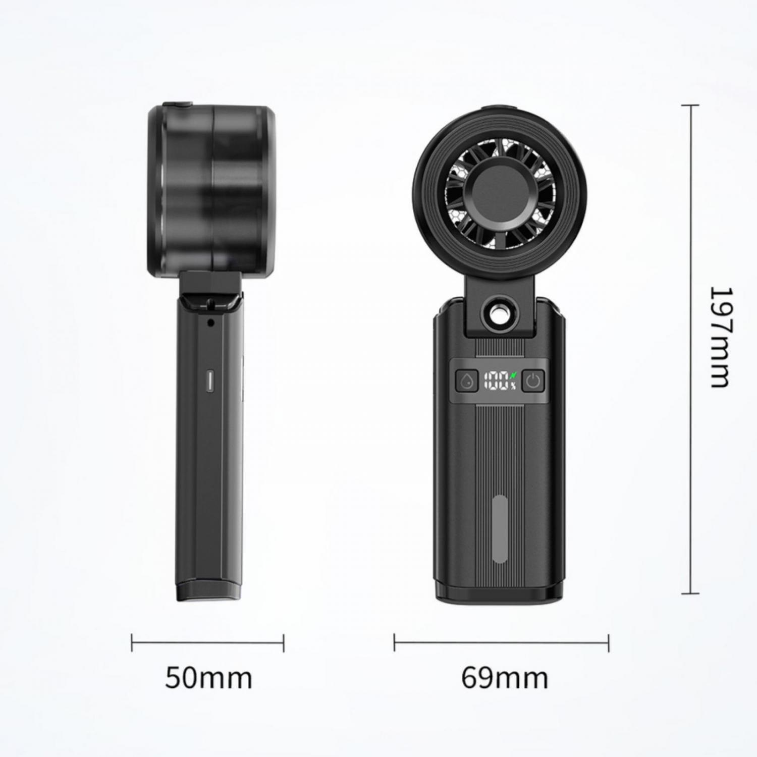 Zwei Ansichten eines schwarzen tragbaren Ventilators, die die Maße 50 mm, 69 mm und 197 mm zeigen.