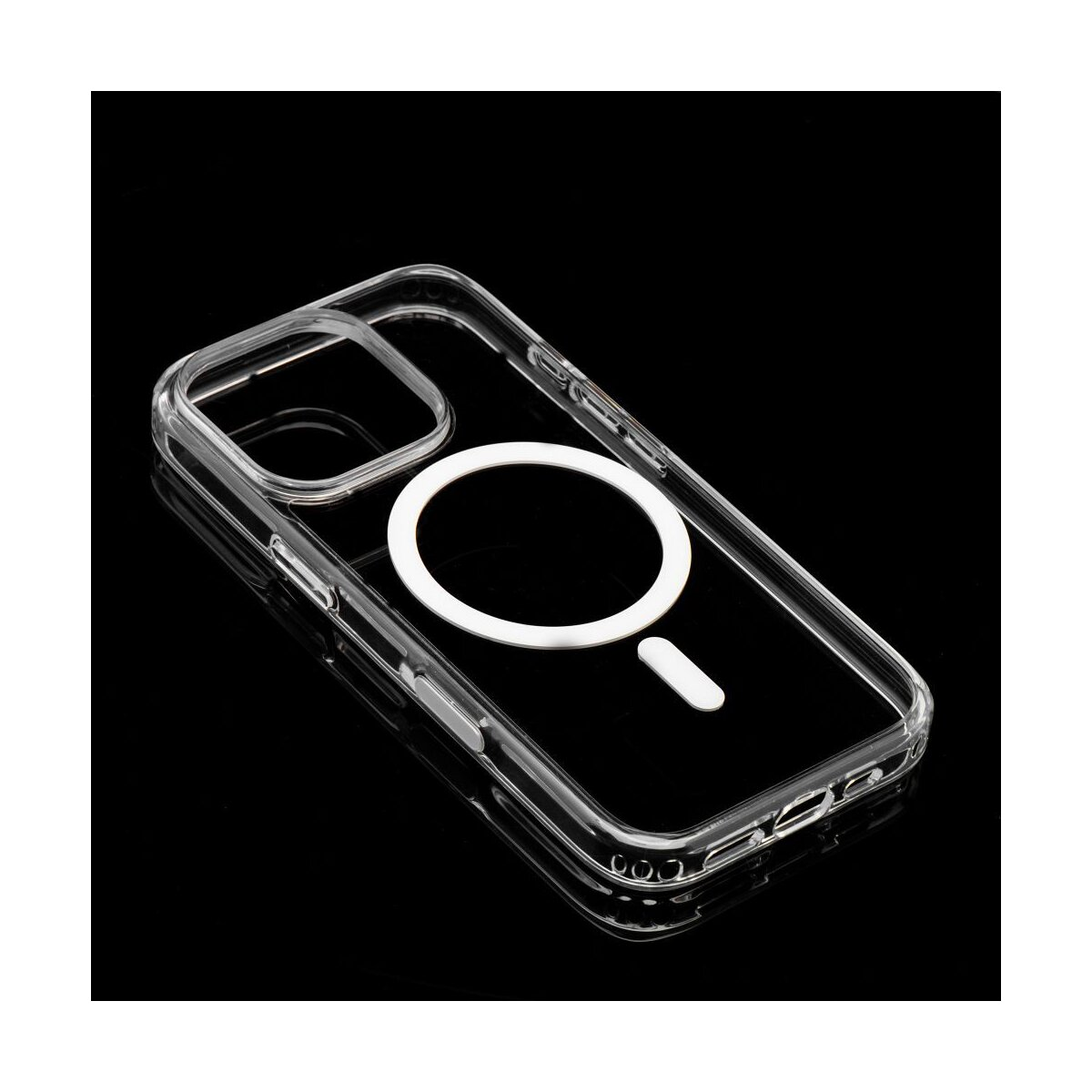 Transparente Handyhülle mit weißem Magnetring auf schwarzem Hintergrund.