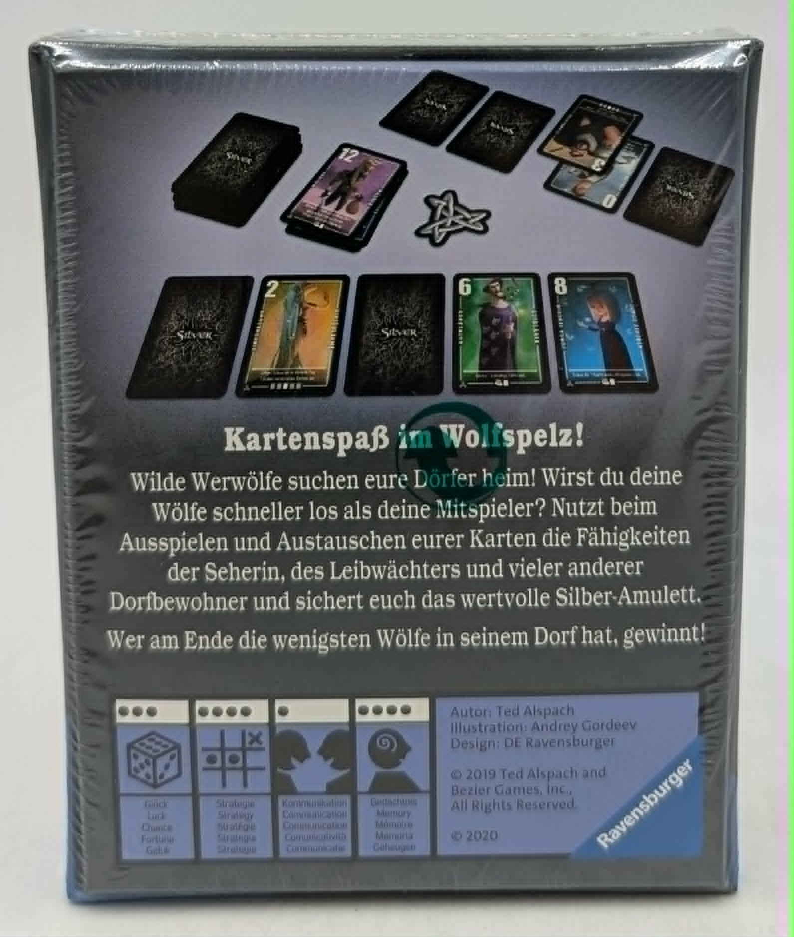 Verpackung des Brettspiels 'Silver' mit Spielkarten und Icons auf der Vorderseite.