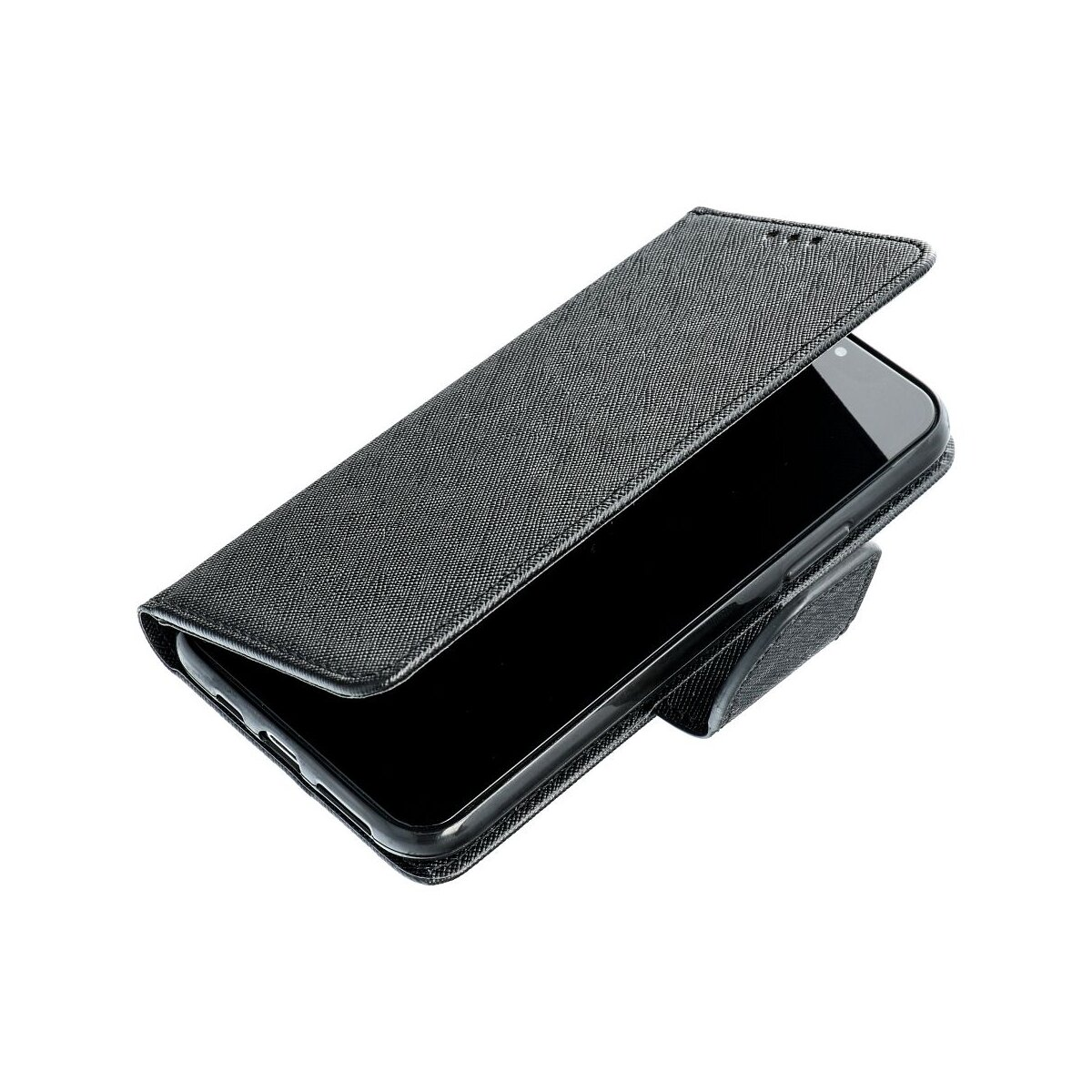 Ein schwarzes Smartphone in einer offenen schwarzen Klapphülle auf weißem Hintergrund.