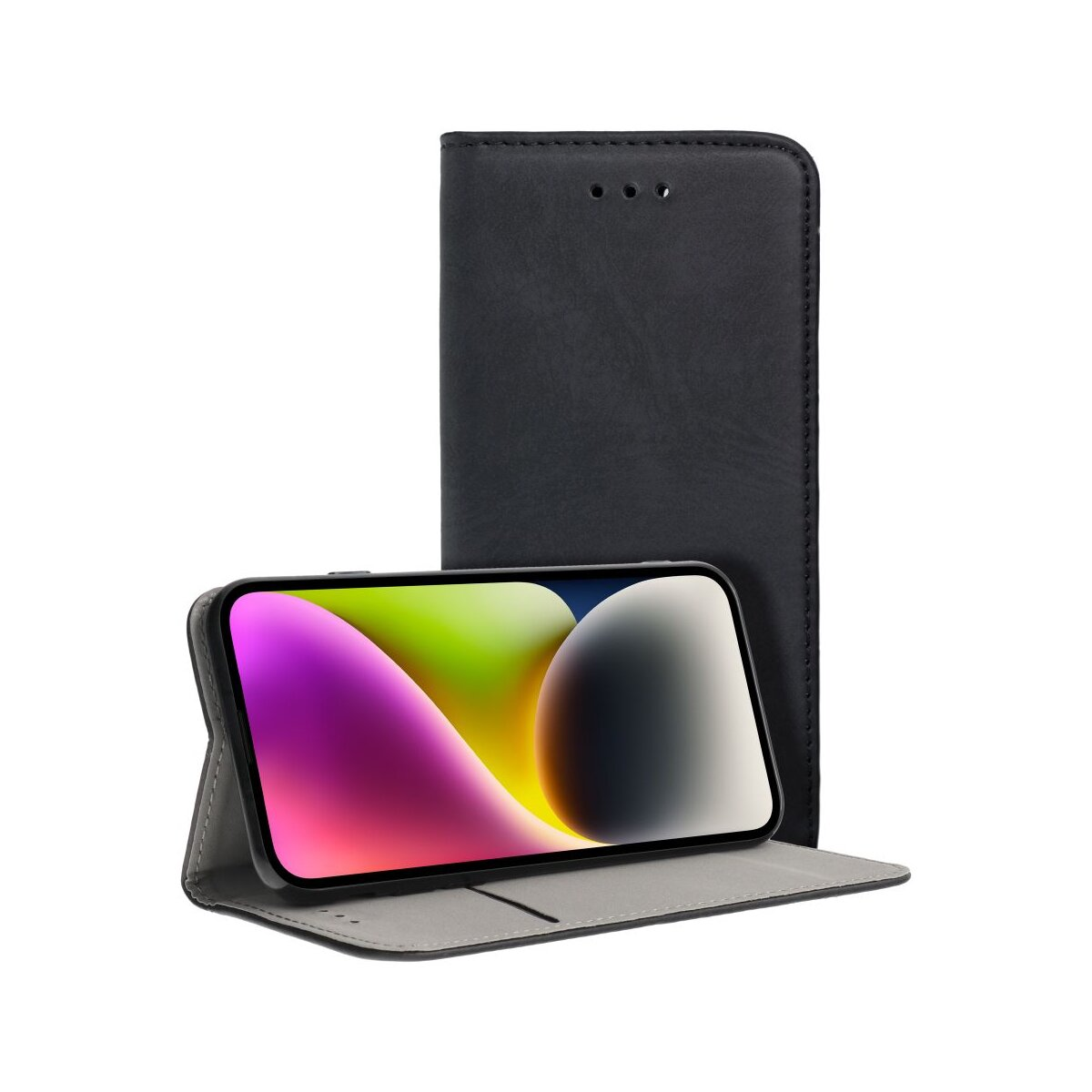 Ein schwarzes Smartphone in einem offenen schwarzen Lederetui mit einer bunten Tapete.