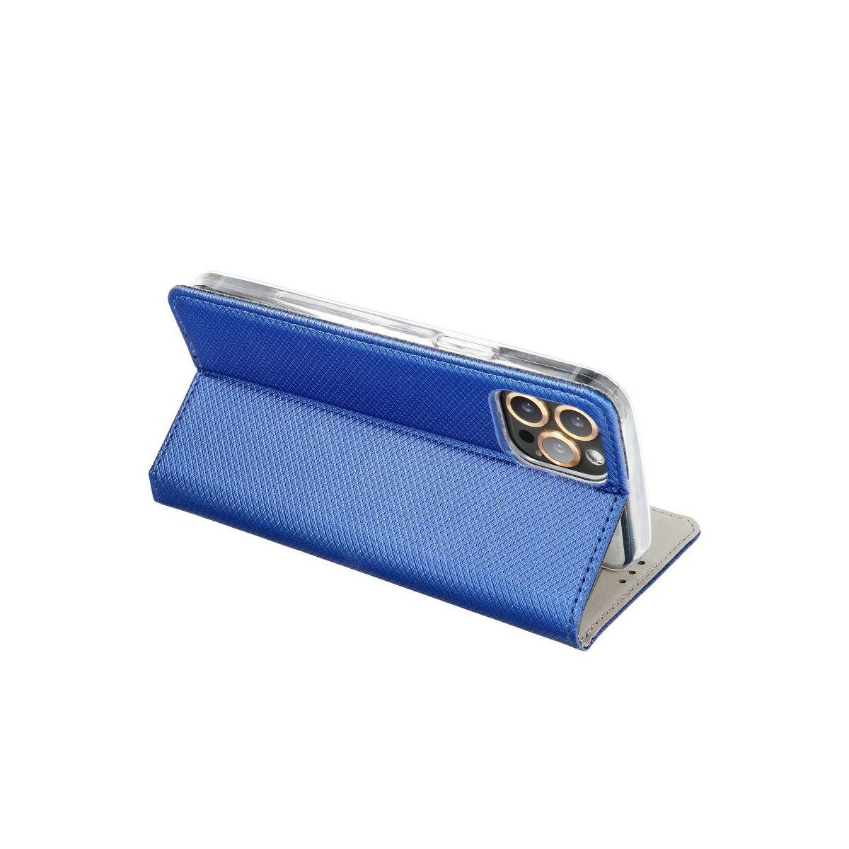 Ein blaues Klapphandy mit einer Kamera auf der Rückseite steht aufrecht.