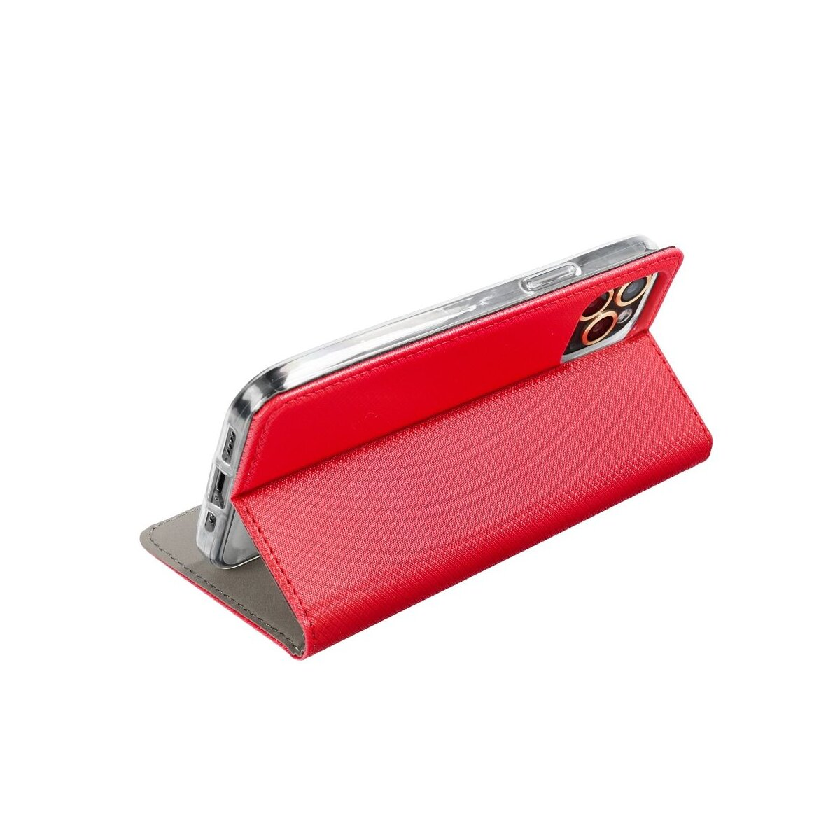 Rotes Handy-Flipcase mit integriertem Ständer, das ein Smartphone hält.