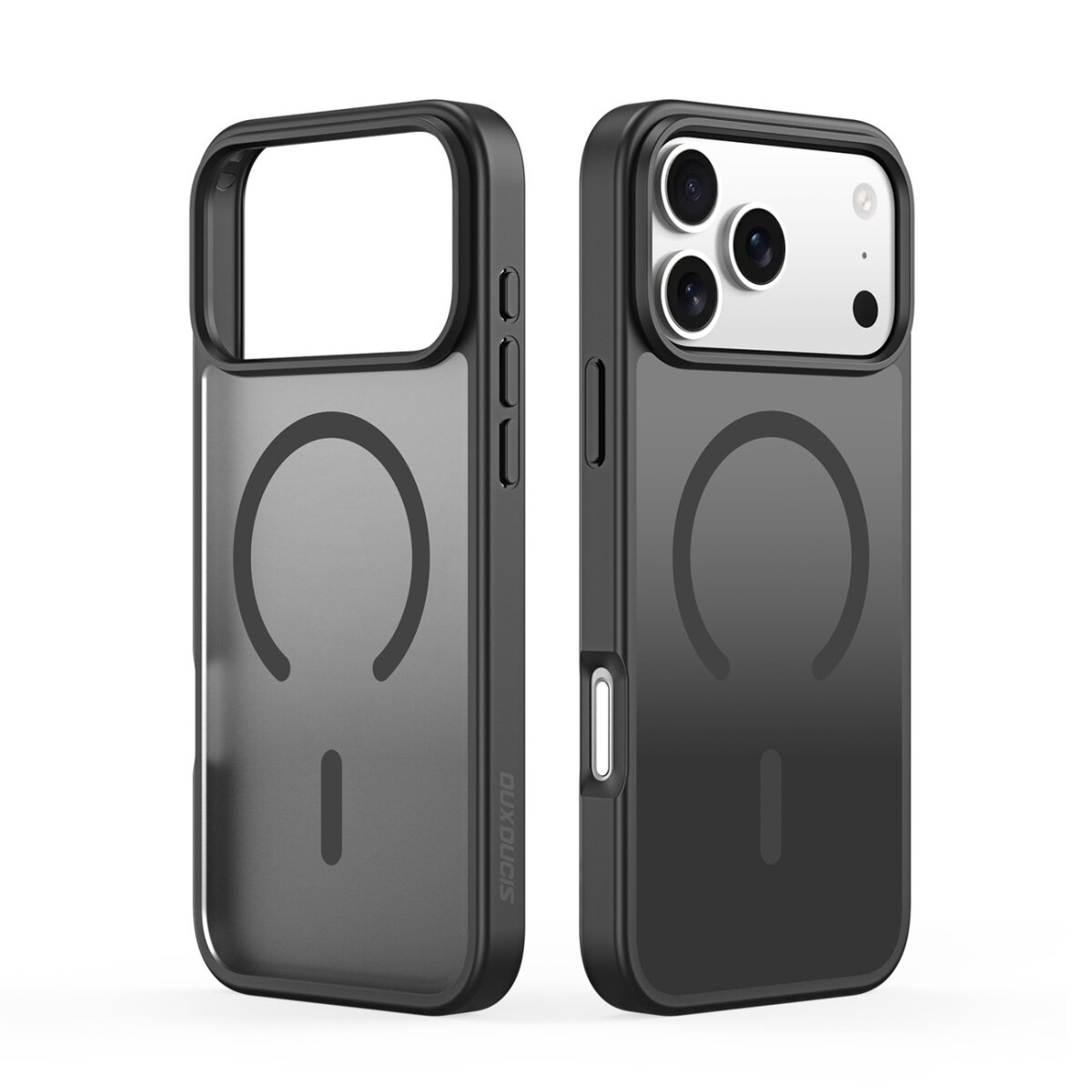 Zwei dunkle iPhone-Hüllen mit MagSafe-Kreismuster und Kameraausschnitt.