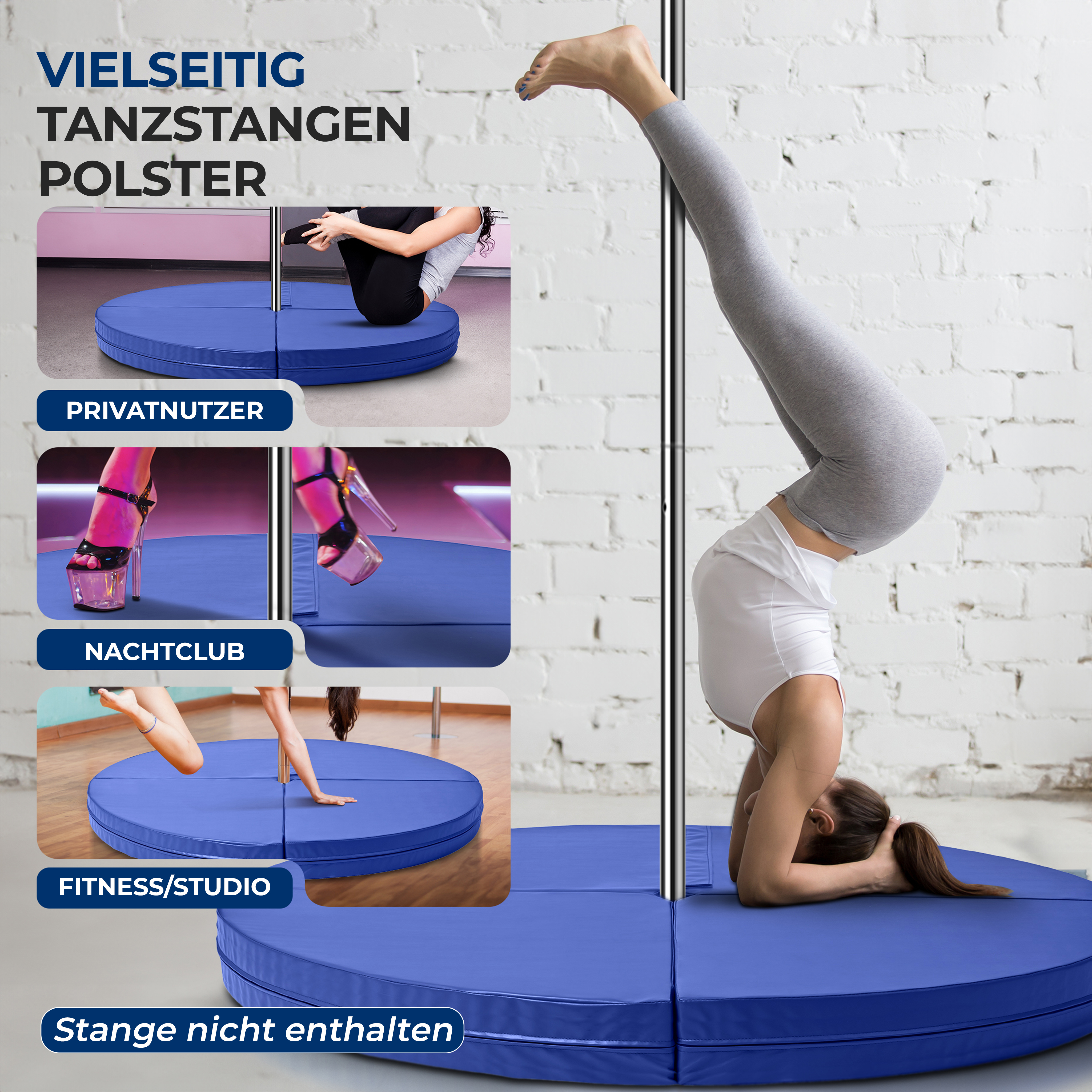 Frau macht Handstand auf blauem Polster neben Stange. Bilder zeigen Privatnutzer, Nachtclub, Fitness/Studio.