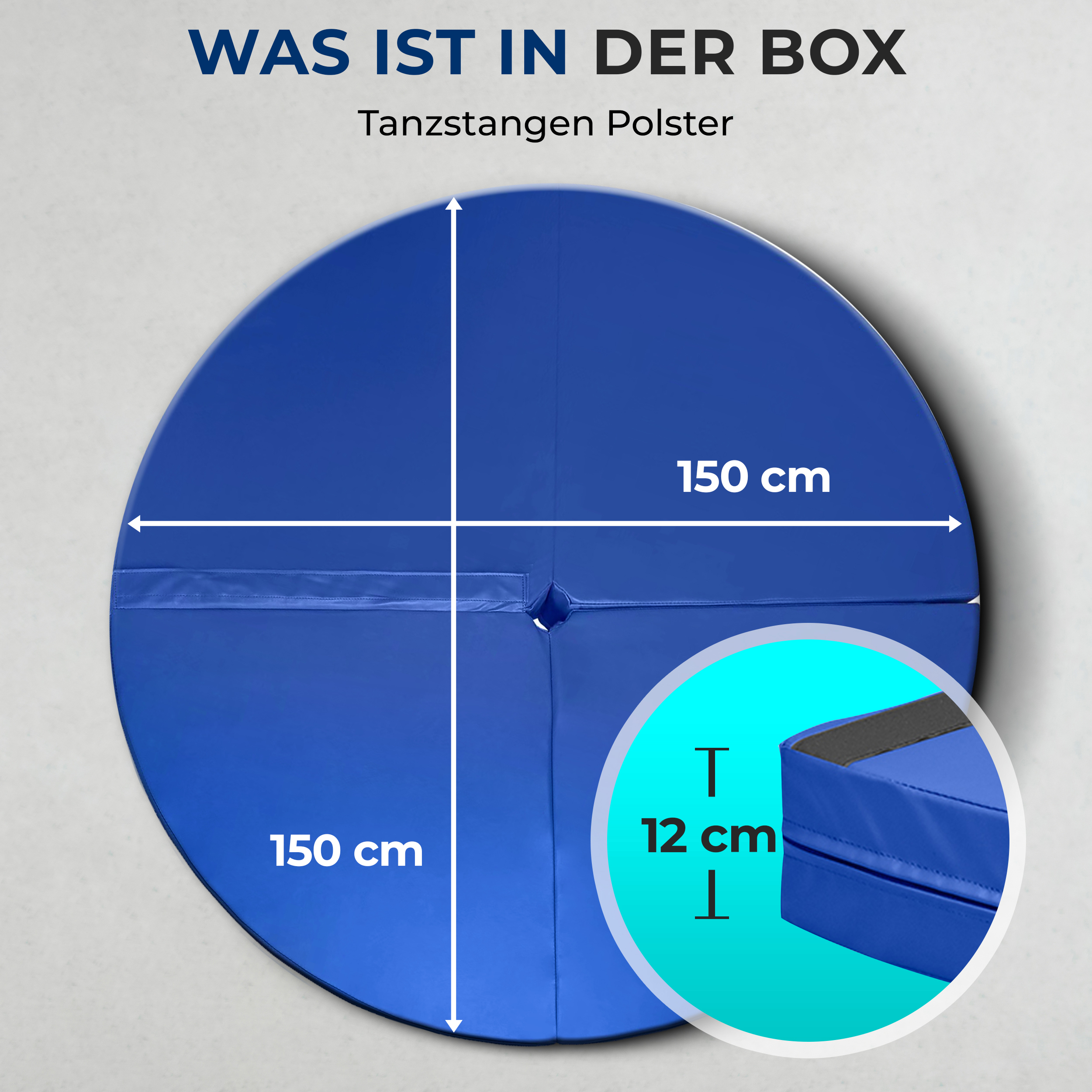 Blaue Tanzstangen-Matte, 150x150 cm, 12 cm dick.