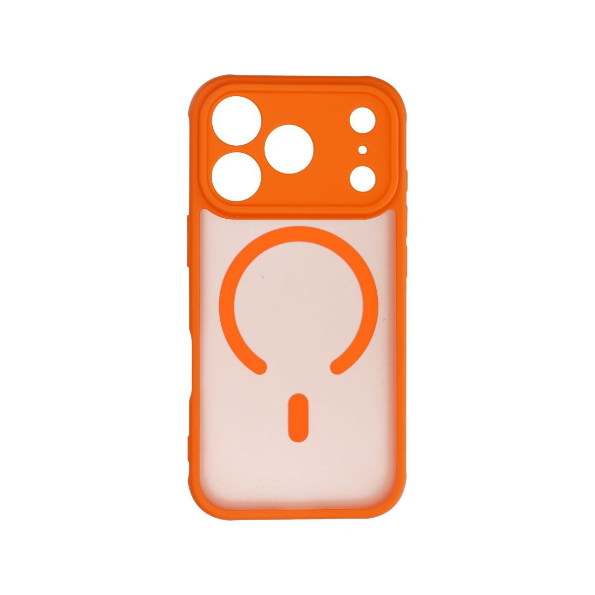 Eine orangefarbene Handyhülle mit Aussparungen für die Kamera und einem kreisförmigen Muster.