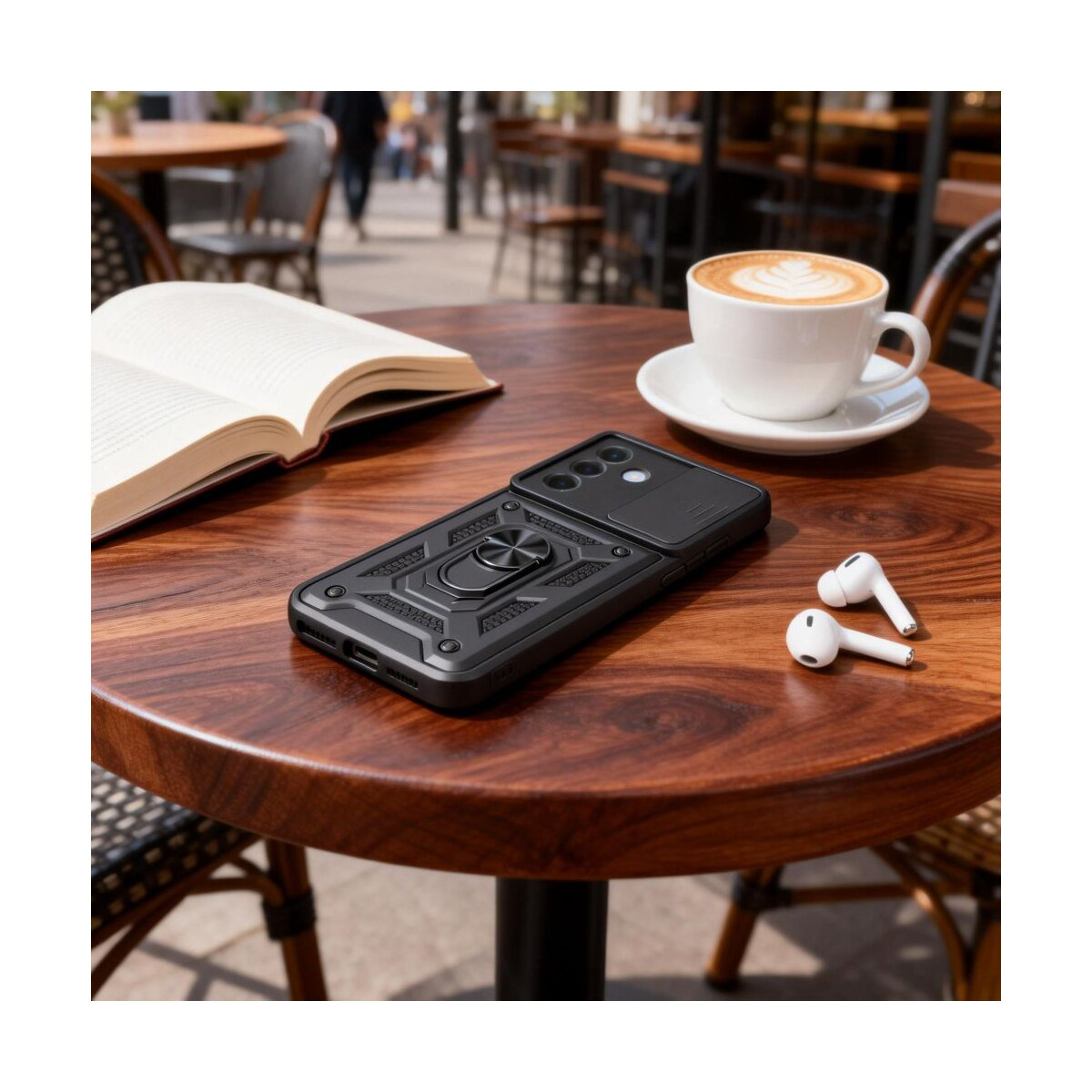 Ein Smartphone-Case mit Ringhalter, Kopfhörer und Kaffee auf Holztisch.
