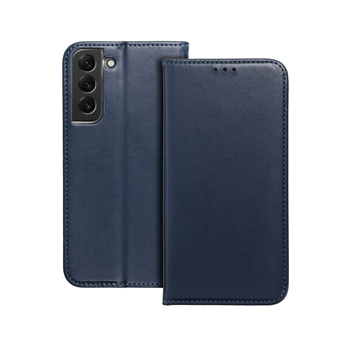 Dunkelblaue Lederhülle für ein Smartphone mit drei Kameras.