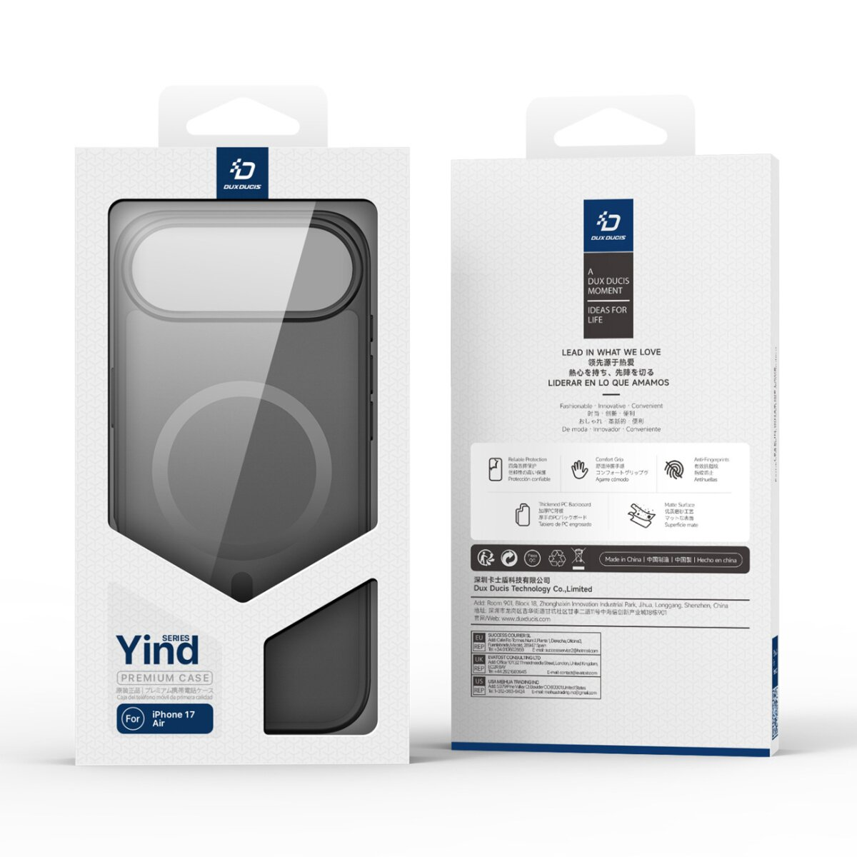 Verpackung einer iPhone 17 Air Hülle mit Dux Ducis Logo und Produktmerkmalen.