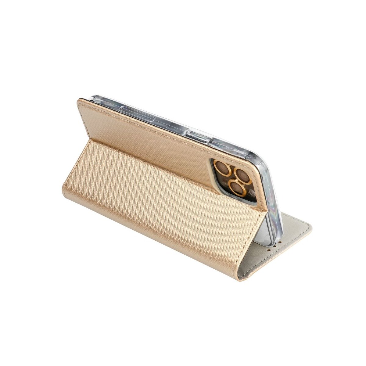 Ein goldener Handy-Ständer mit einem transparenten Handy-Gehäuse.