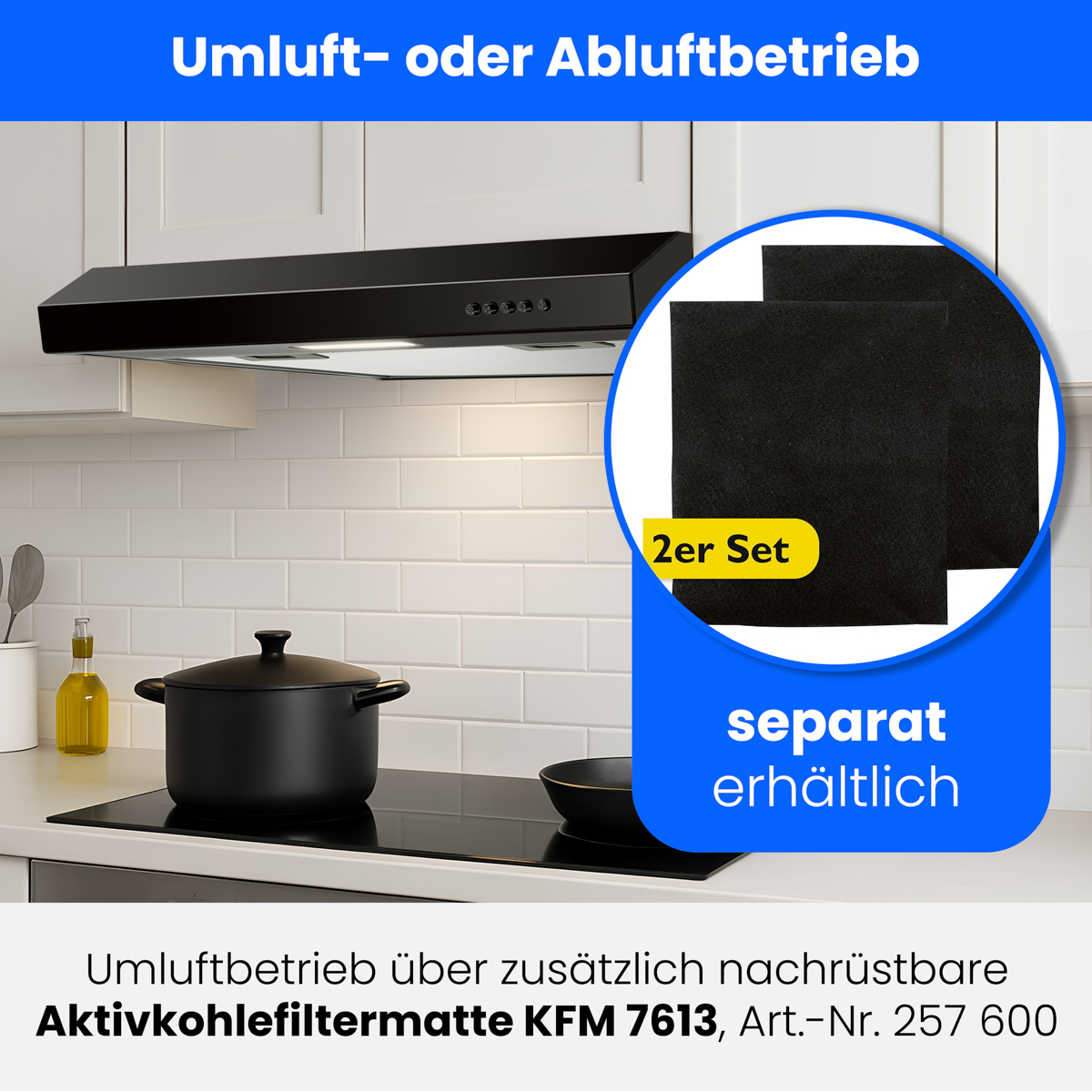 Schwarze Aktivkohlefilter-Sets für Dunstabzugshauben in einer Küche.