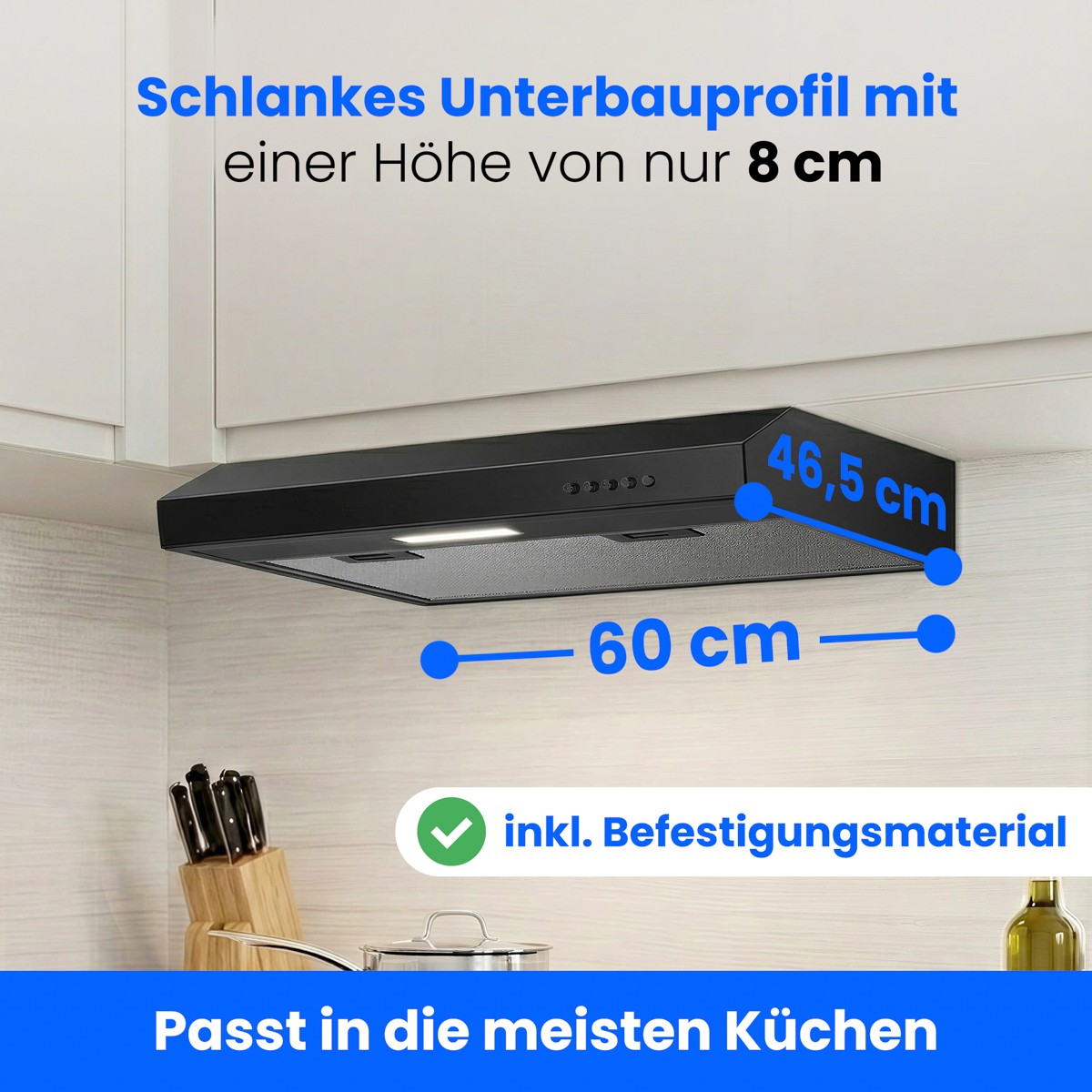 Schwarze Dunstabzugshaube, 60cm breit, 46.5cm tief, 8cm hoch. Inkl. Befestigungsmaterial.