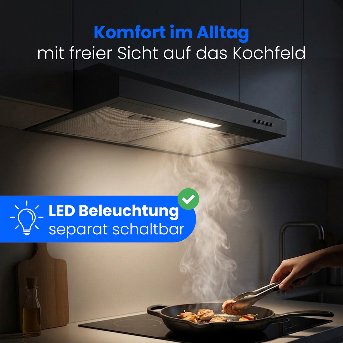 Eine Dunstabzugshaube beleuchtet eine Kochszene mit Dampf.