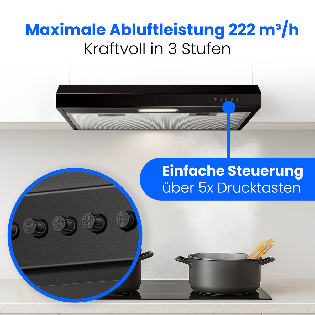 Schwarze Dunstabzugshaube über Kochfeld mit Töpfen, einfache Steuerung.