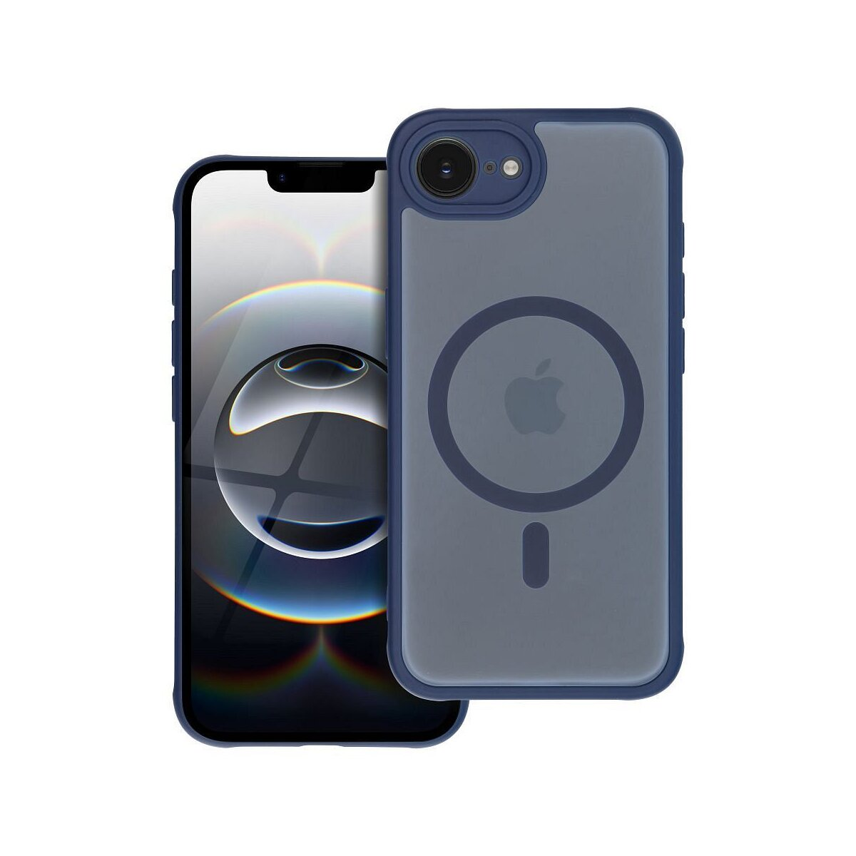 Ein blaues iPhone mit einer durchsichtigen Schutzhülle mit MagSafe-Ring.