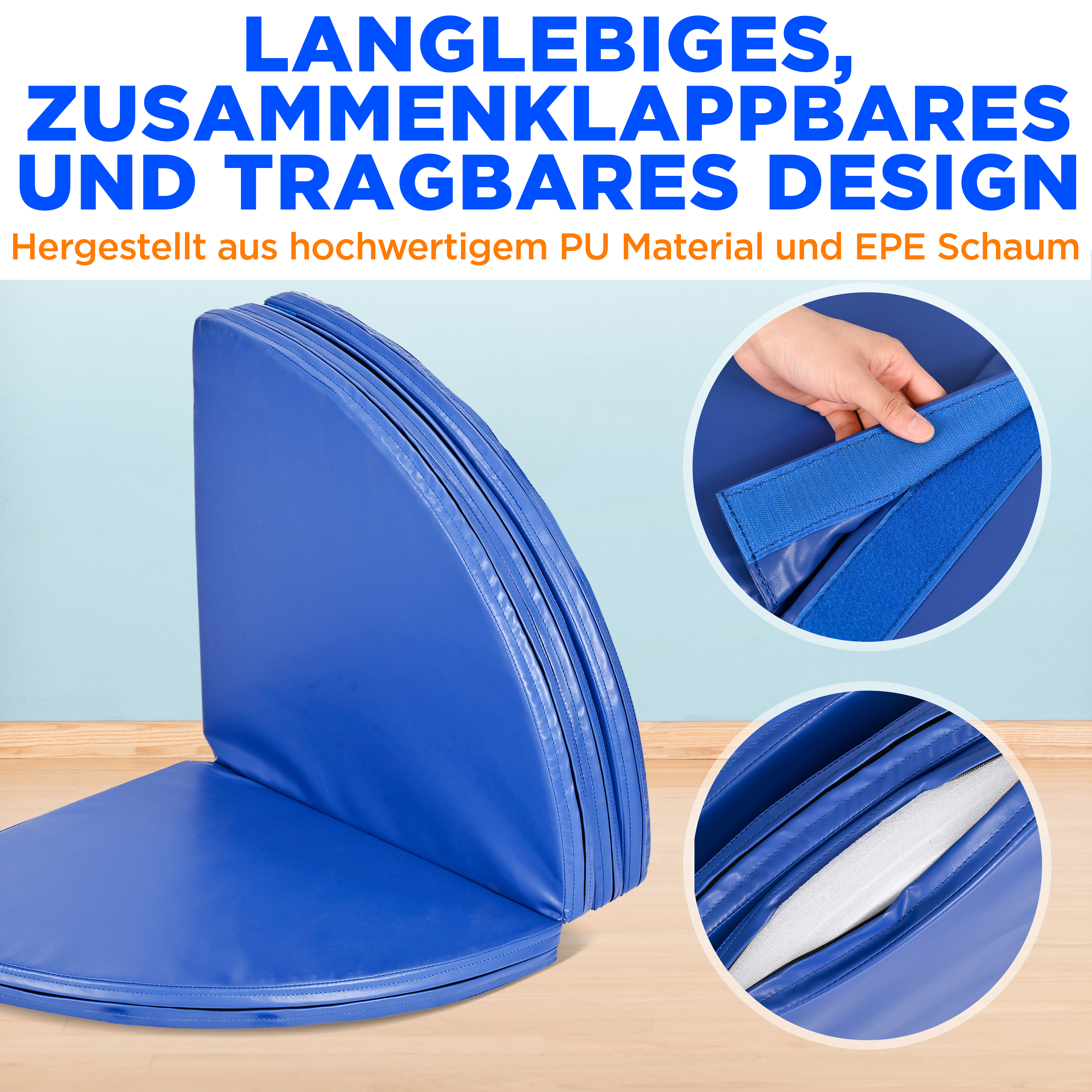 Blaues, zusammenklappbares Polster mit Klettverschluss und sichtbarem Schaumstoff.