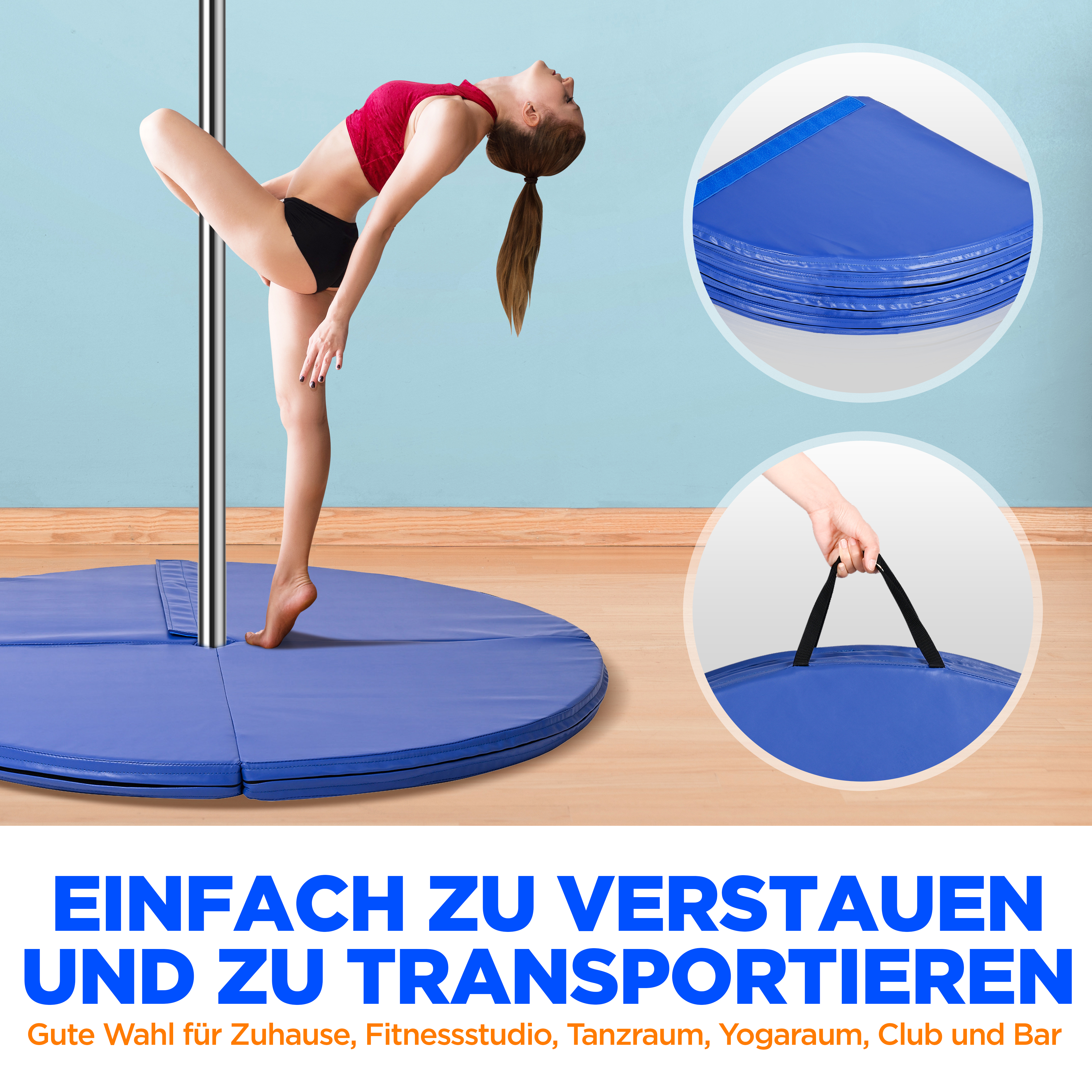 Frau macht Pole Dance auf blauem Polster, das leicht zu verstauen ist.