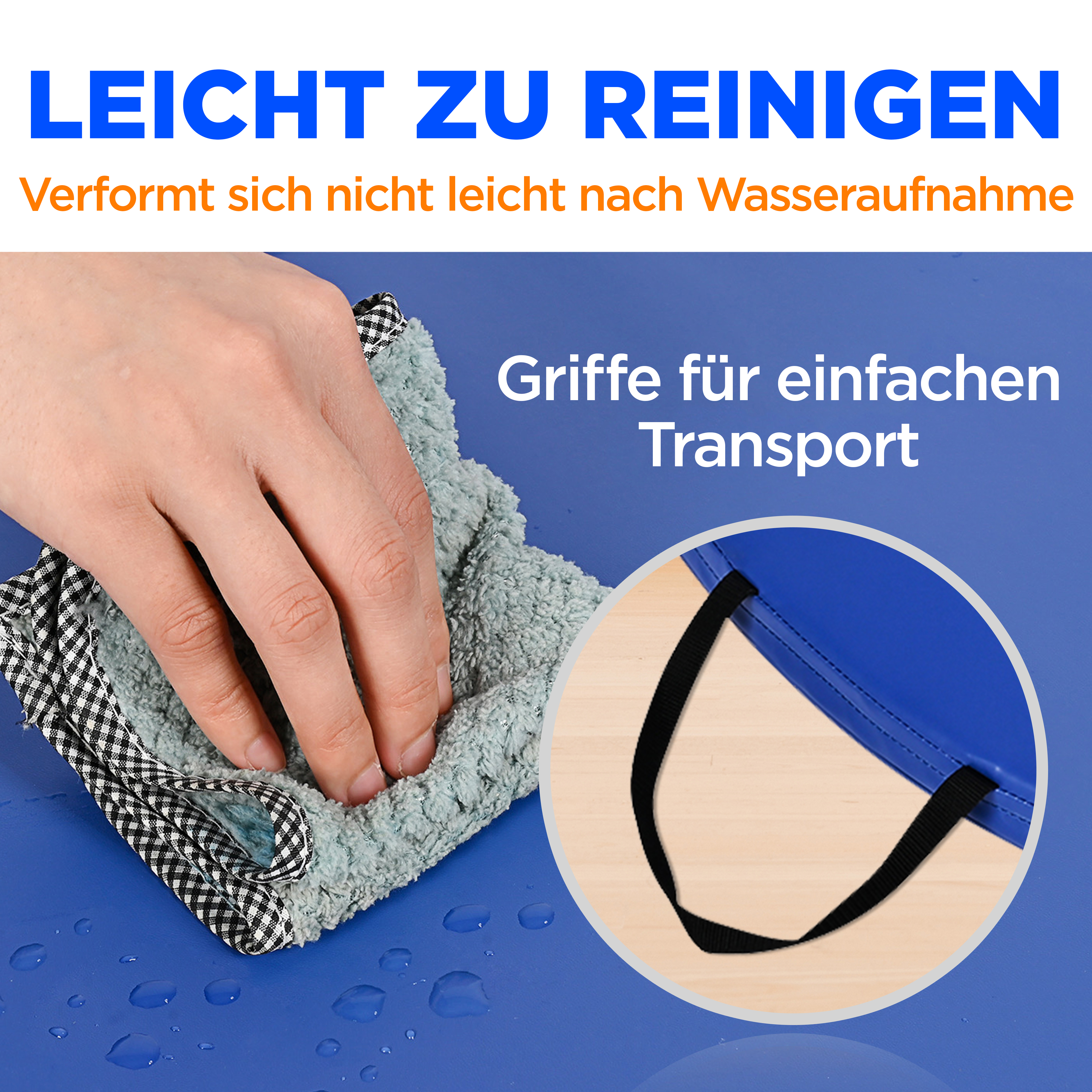 Blauer Bezug wird mit Tuch abgewischt, Tragegriffe sichtbar.