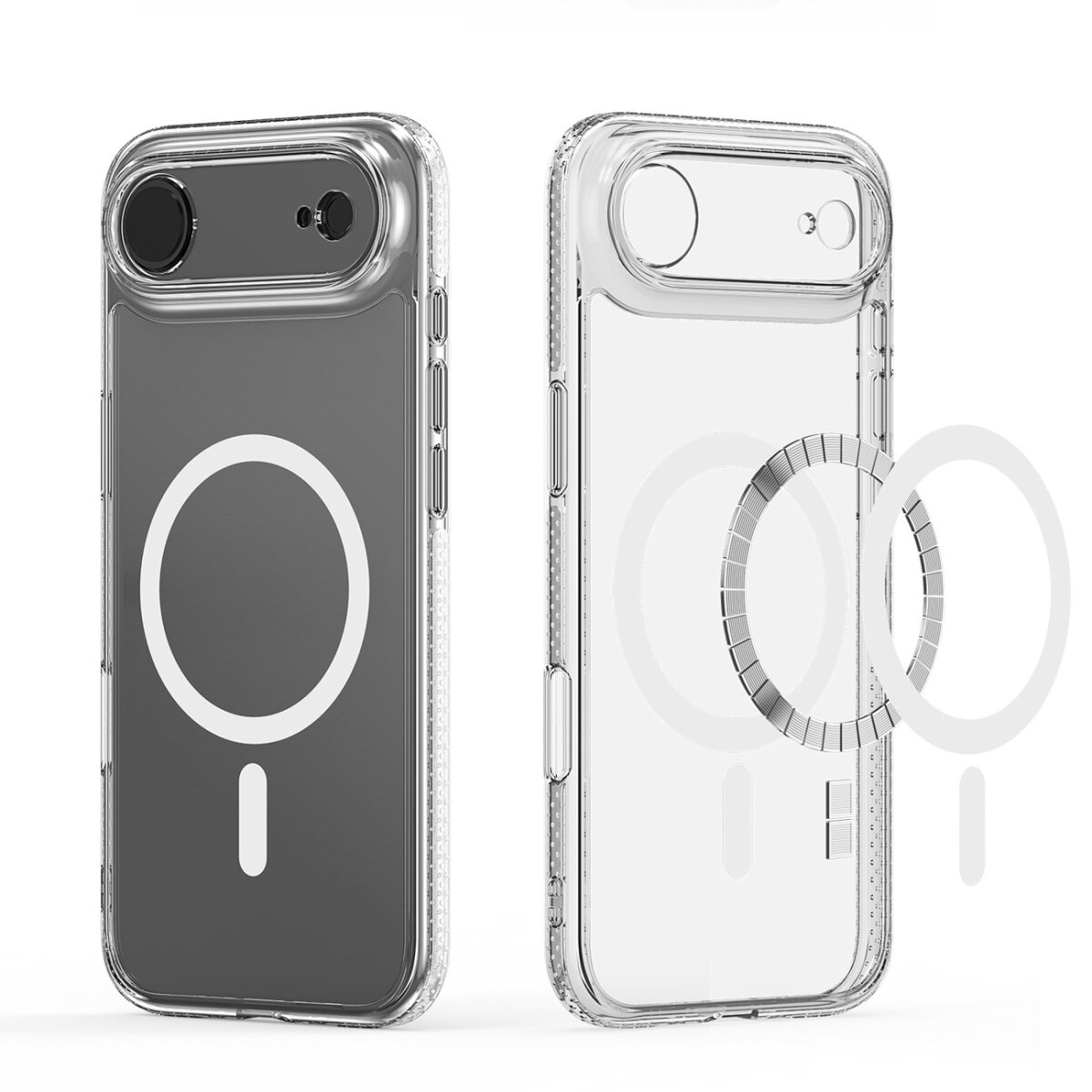 Zwei transparente Handyhüllen mit MagSafe-Ring, weißer Kreis und Strich.