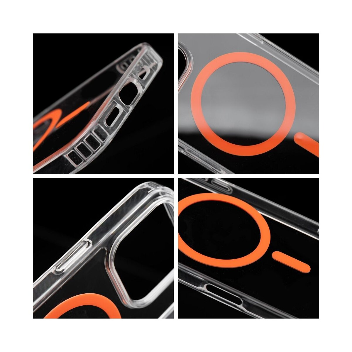 Transparente Handyhülle mit orangefarbenen Akzenten, Nahaufnahme.