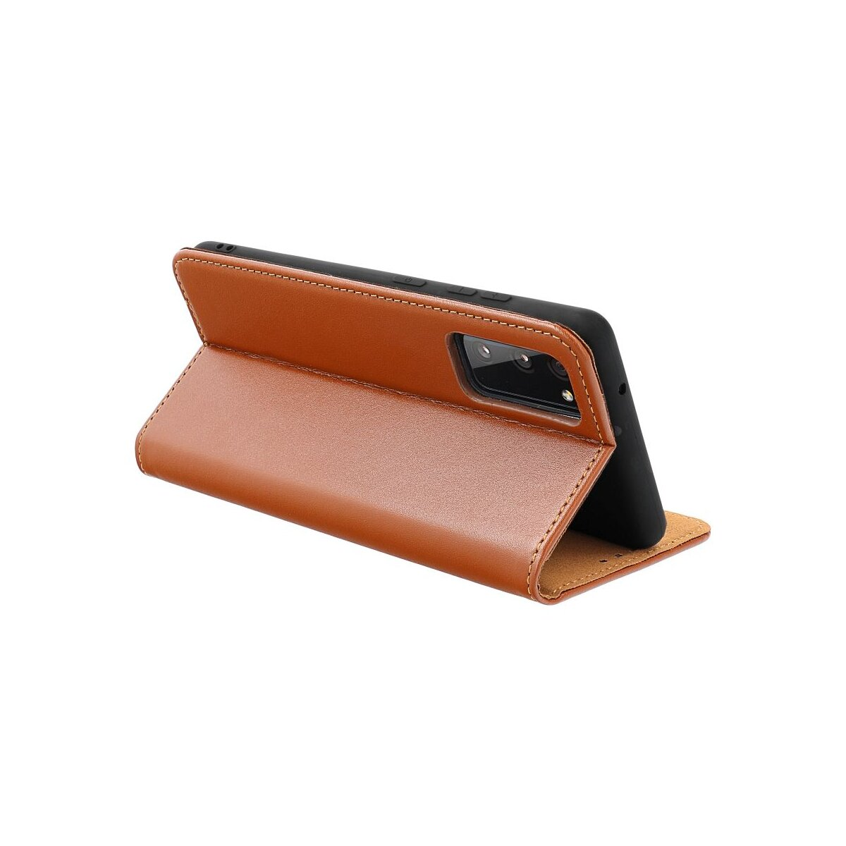 Ein braunes Leder-Flip-Case für ein Smartphone, das auf einer weißen Fläche liegt.