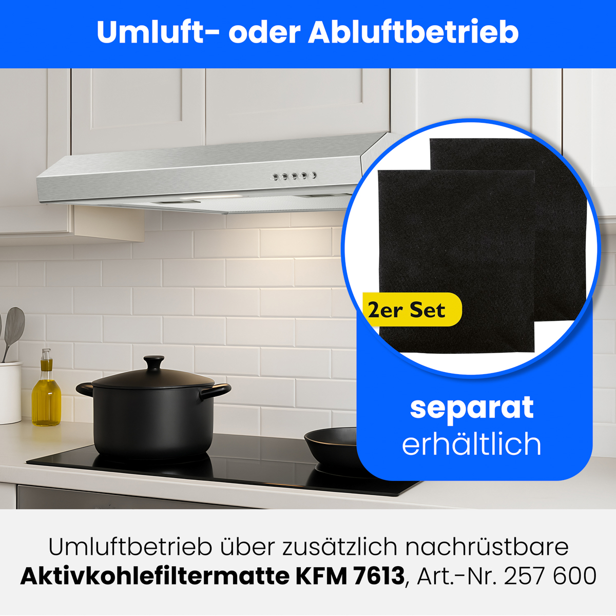 Edelstahl-Dunstabzugshaube über schwarzer Kochfläche mit Töpfen, zeigt 2 Aktivkohlefilter.