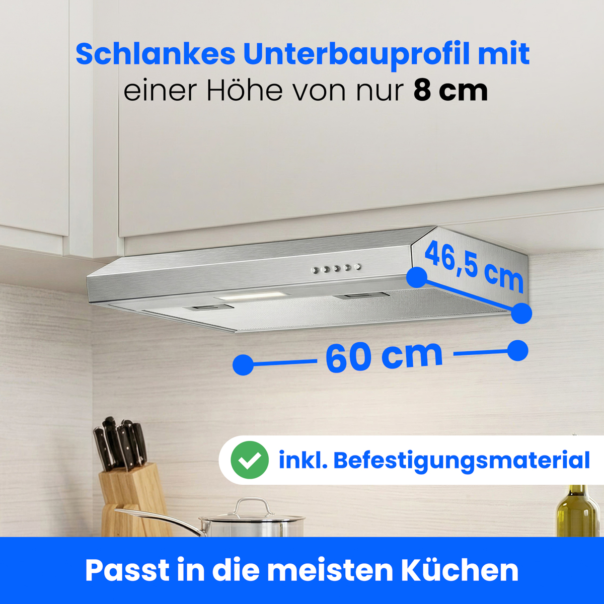 Schlanke Dunstabzugshaube, 60 cm breit, 46,5 cm tief, 8 cm hoch.