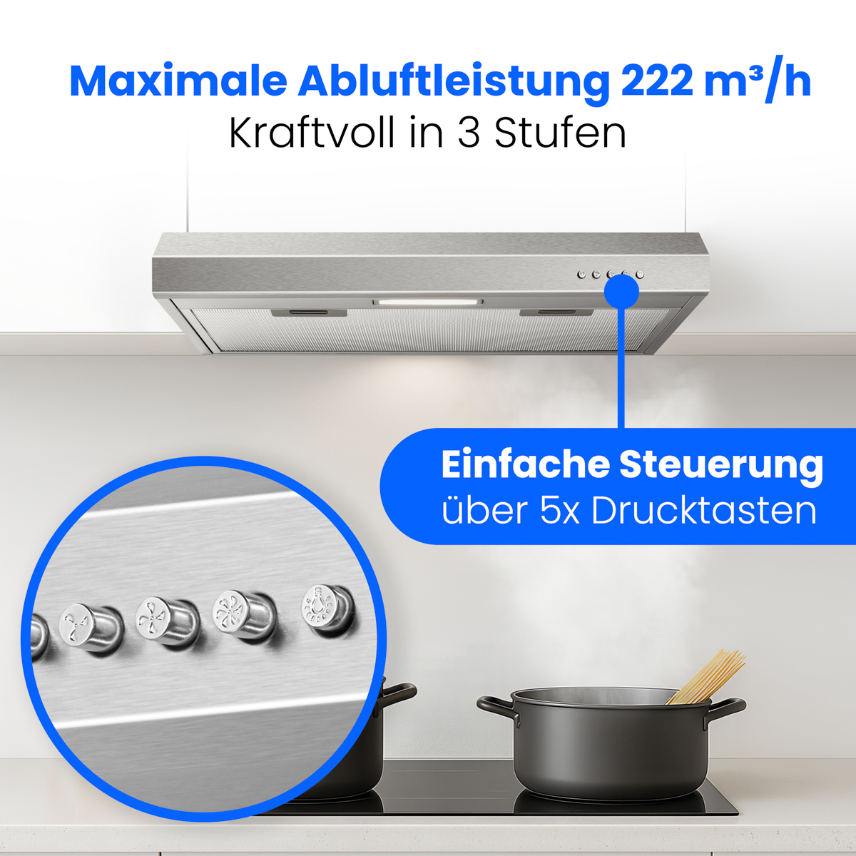 Edelstahl-Dunstabzugshaube über Kochfeld mit Töpfen und Spaghetti. Einfache Steuerung.