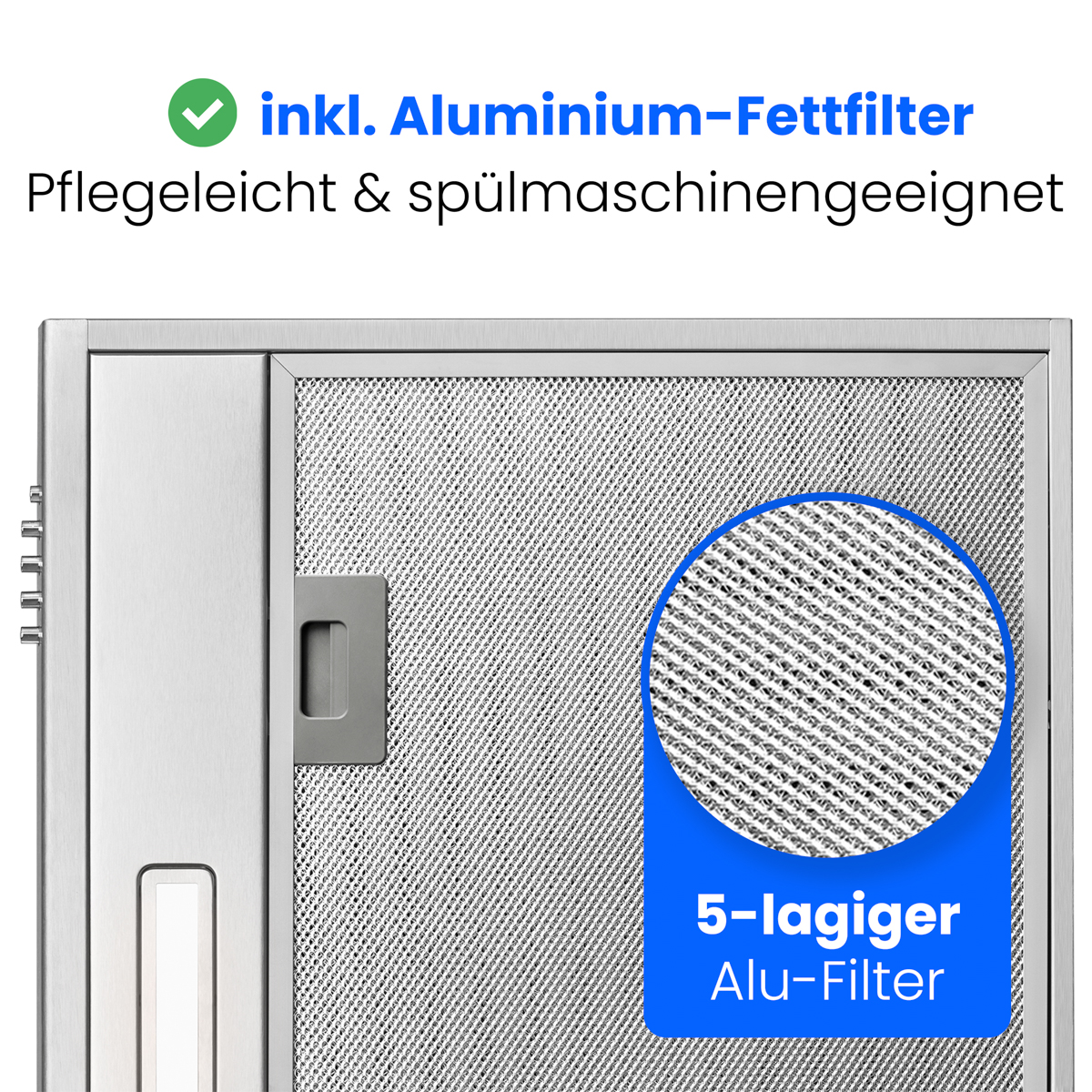 Nahaufnahme eines silbernen Dunstabzugshaubenfilters mit einem vergrößerten Ausschnitt, der einen 5-lagigen Alu-Filter zeigt.