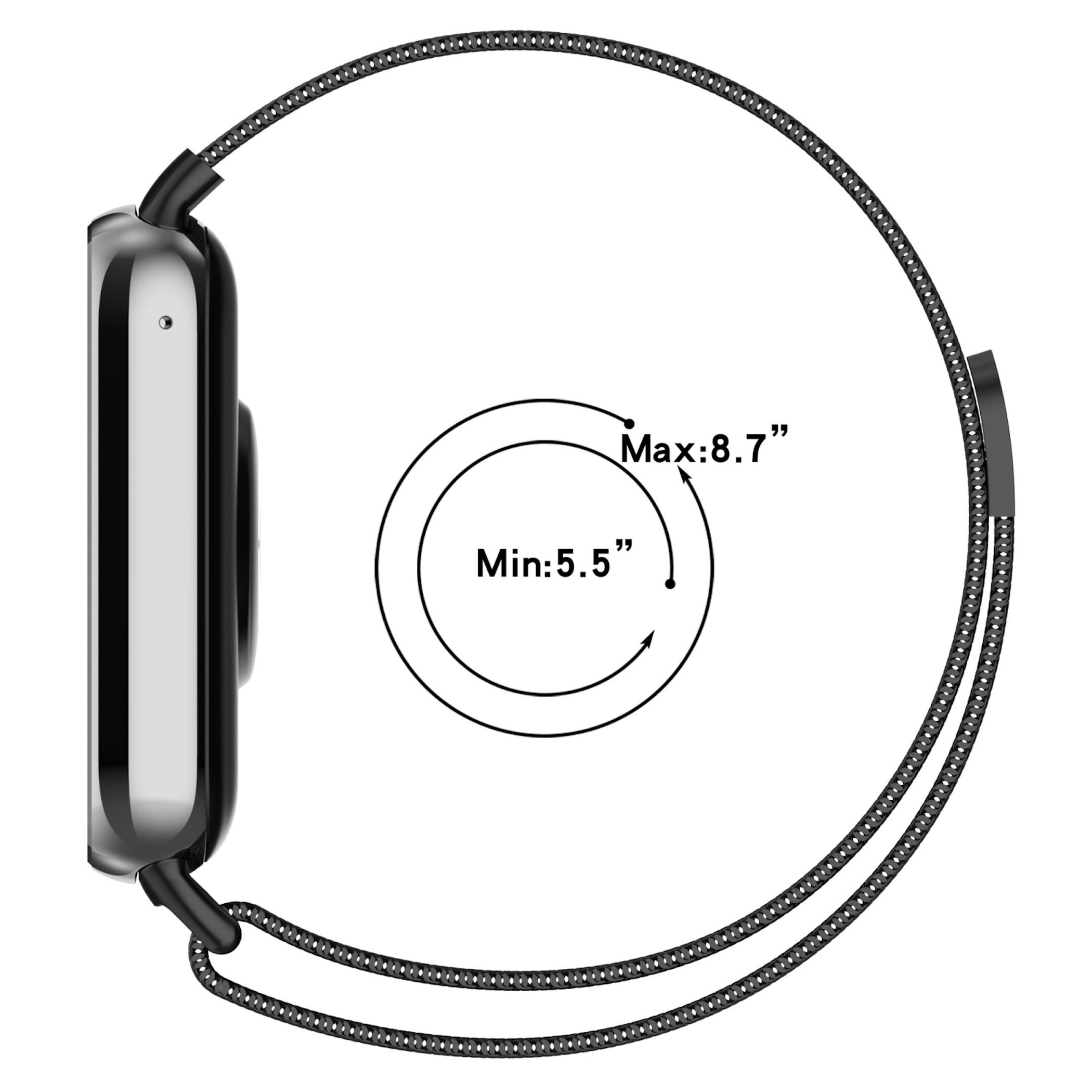 Seitenansicht einer Smartwatch mit schwarzem Mesh-Armband. Größenbereich: 5,5" bis 8,7".