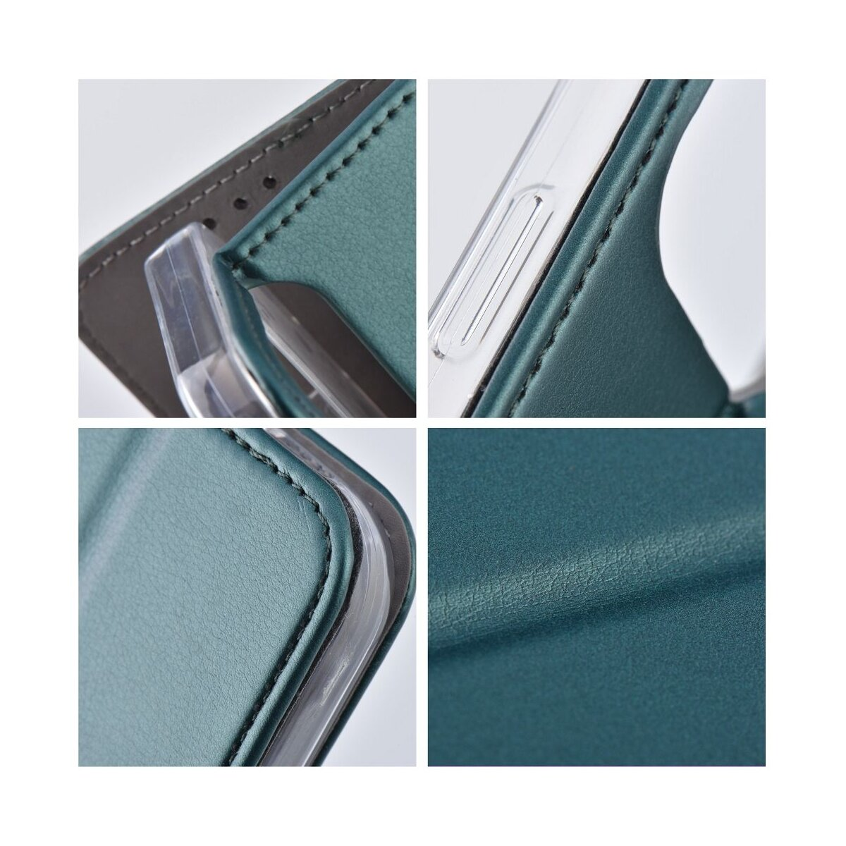Nahaufnahme einer teal Handyhülle aus Leder mit Nähten und transparentem Rand.