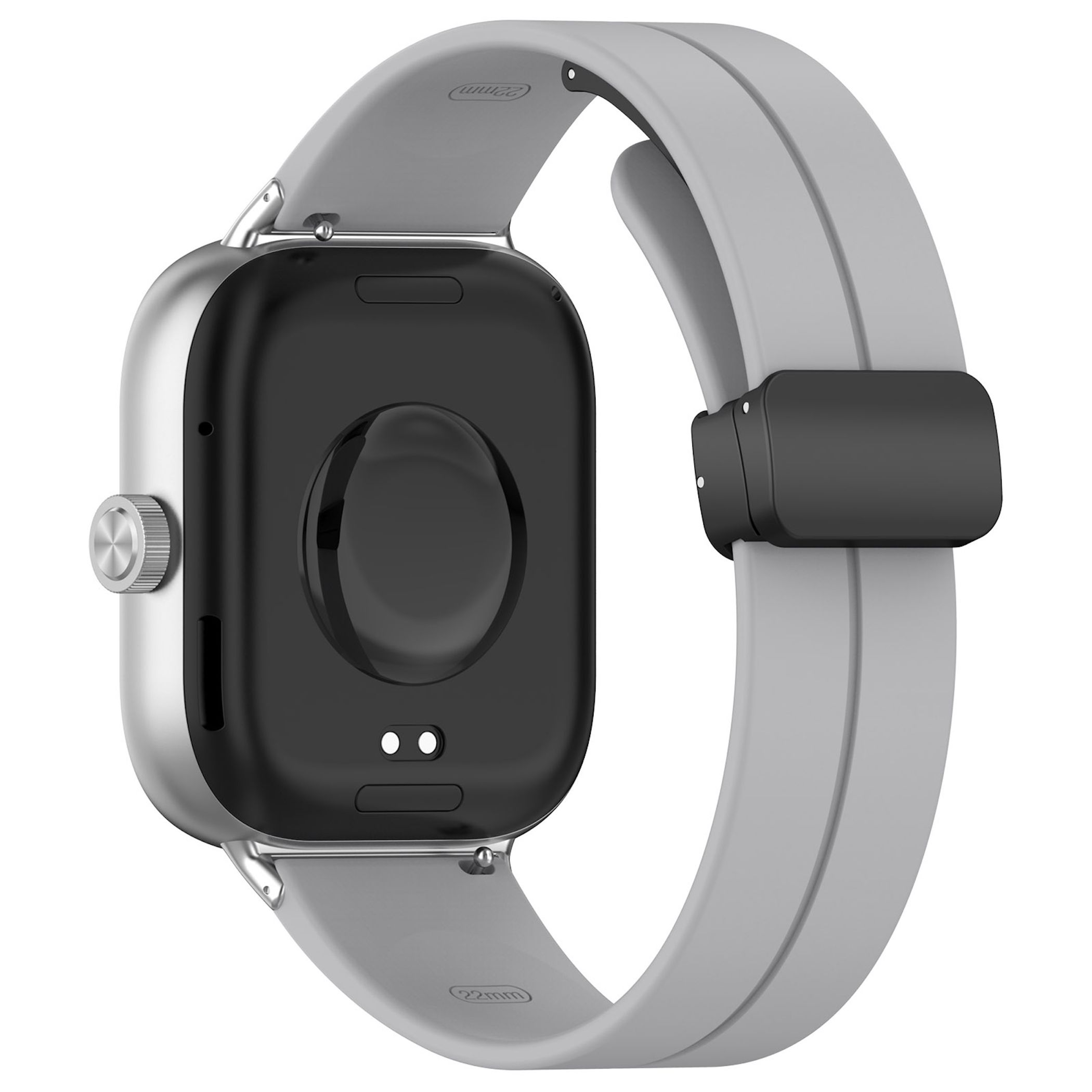 Ein silbernes Smartwatch-Gehäuse mit schwarzem Rücken und einem grauen Armband.
