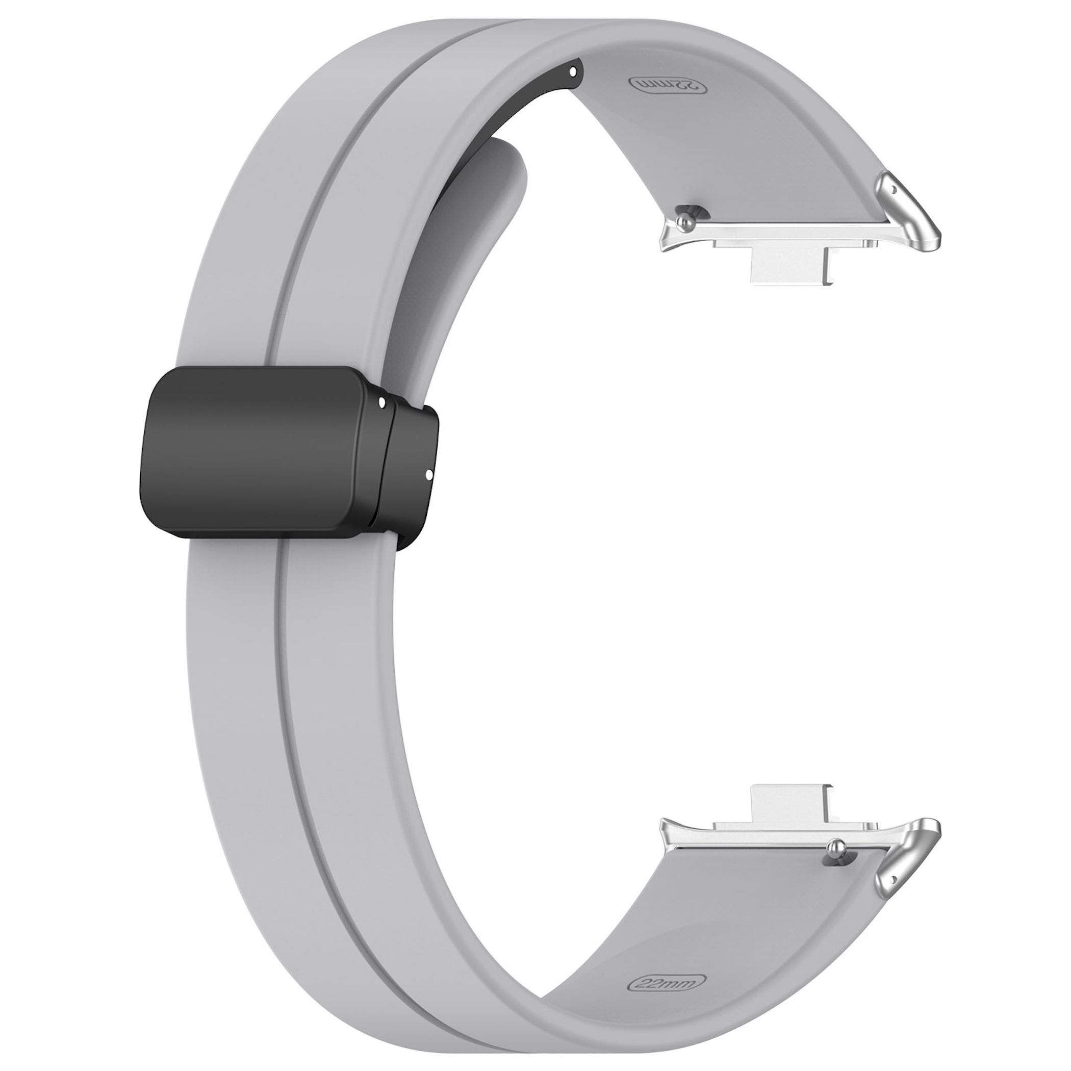 Graues Silikonarmband für eine Smartwatch mit schwarzem Verschluss und silbernen Anstößen.