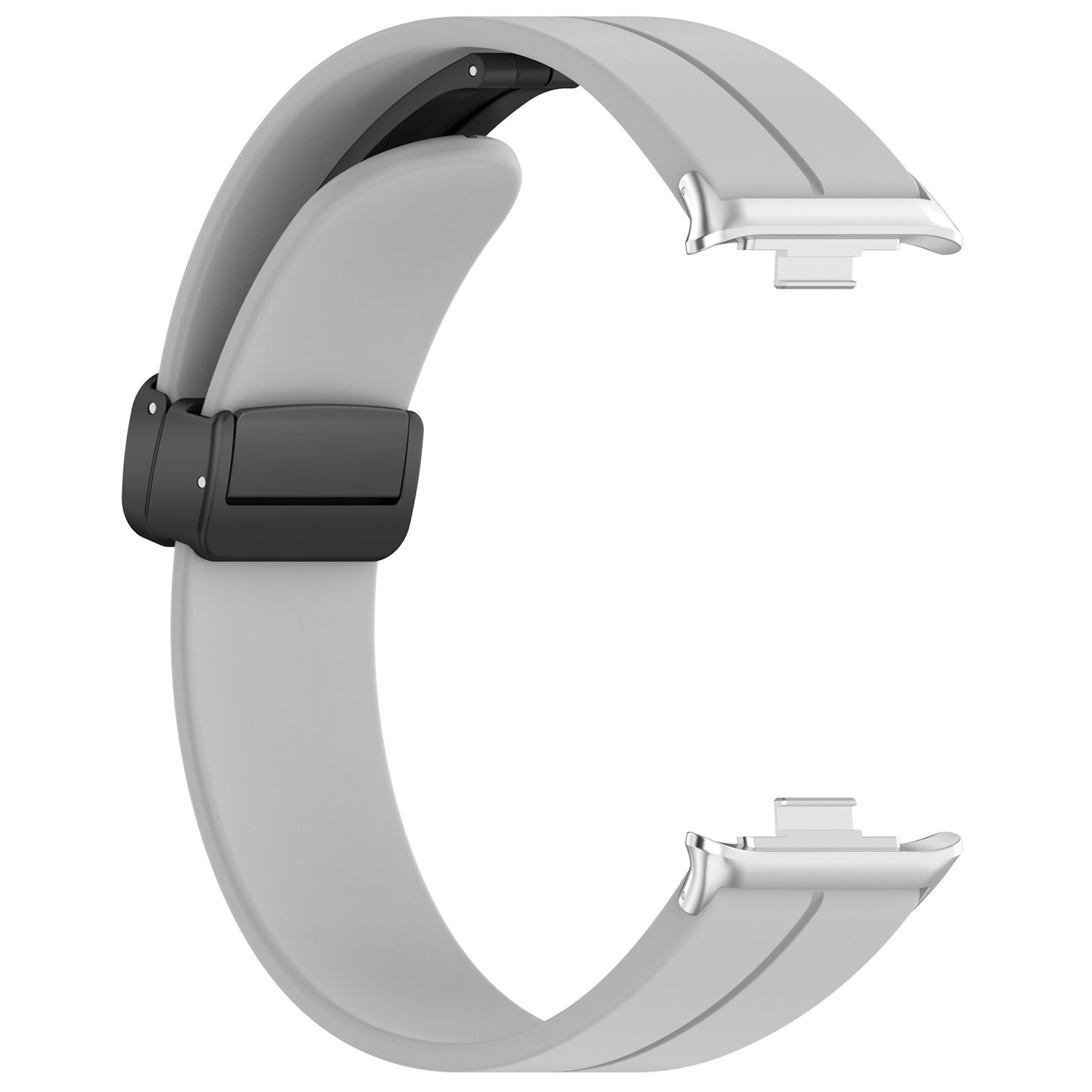 Graues Uhrenarmband mit schwarzem Verschluss und silbernen Anschlüssen.