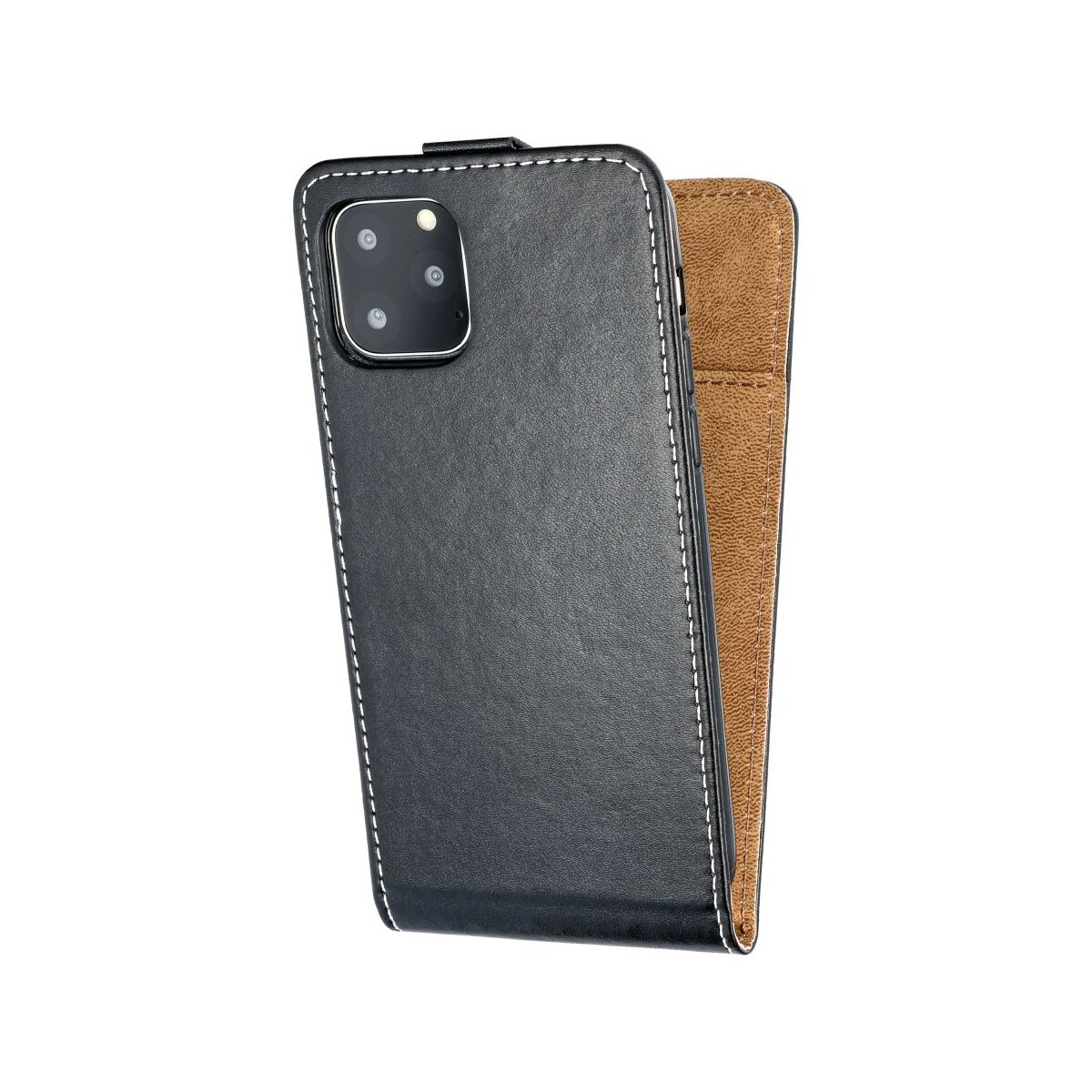 Schwarzes Leder-Flip-Case mit Ziernähten, Rückseite mit Kameraloch.