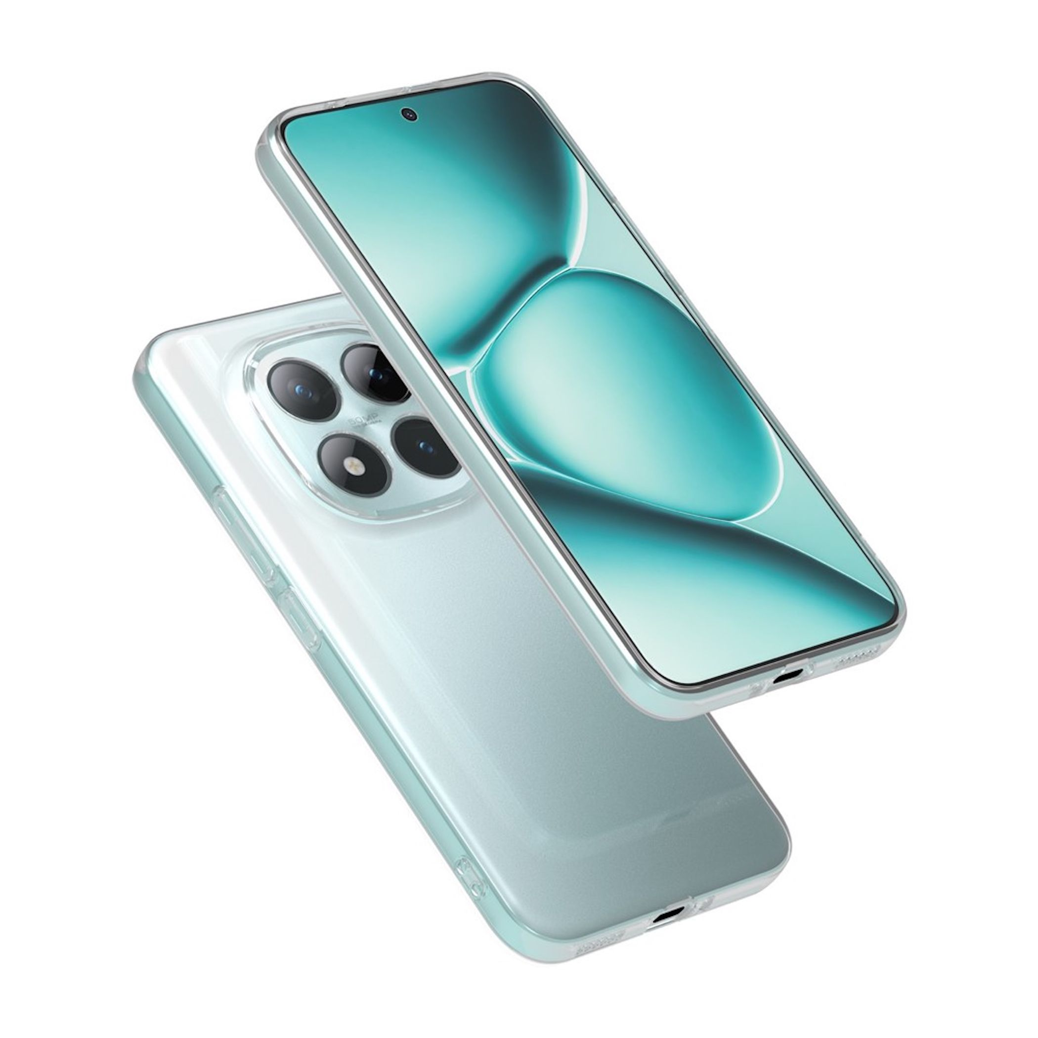 Zwei transparente Smartphones in Hellblau mit silbernen Rändern auf weißem Hintergrund.