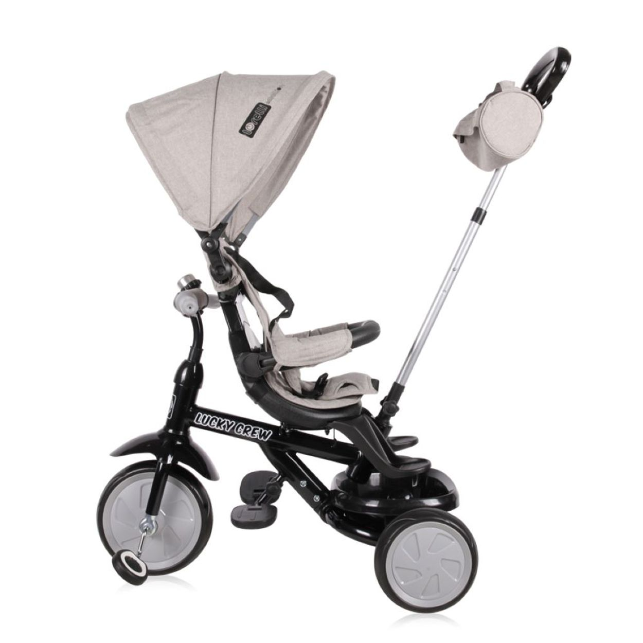 Ein schwarzer Kinderdreirad mit grauer Haube, Sitz und Tasche.