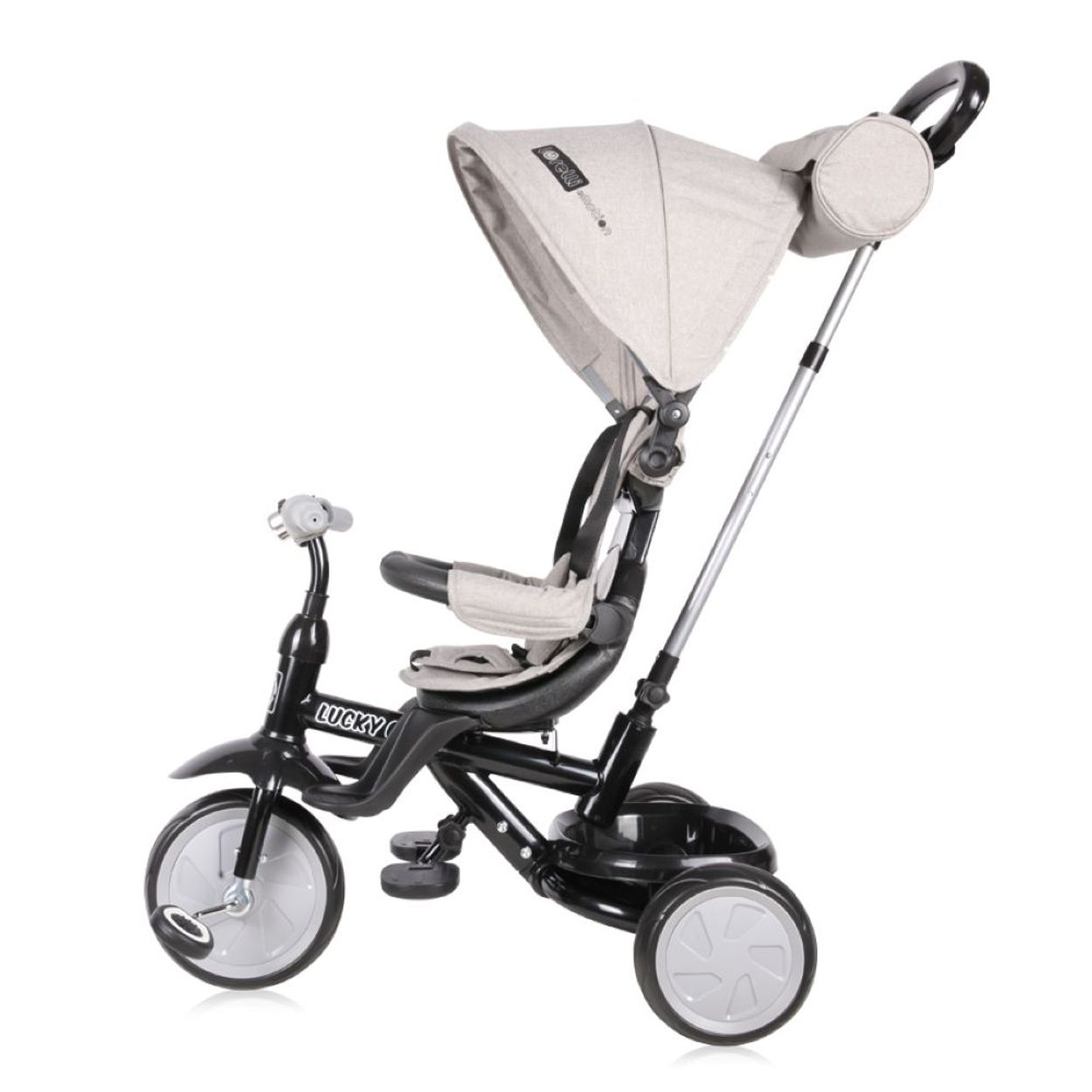 Ein hellgraues Dreirad für Babys mit schwarzem Rahmen, verstellbarem Verdeck und Sicherheitsgurt.