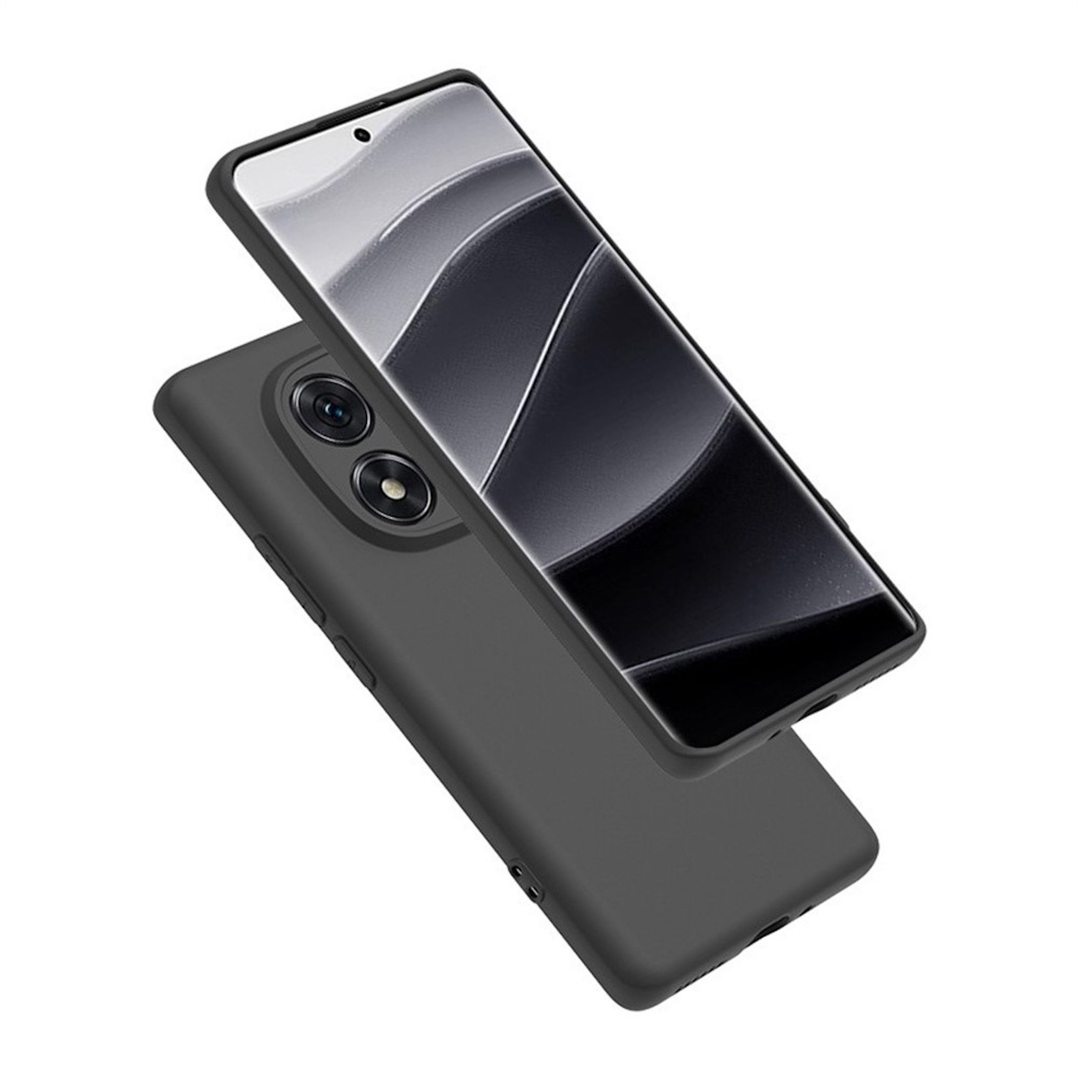 Ein dunkles Handy mit einer Rückseite mit zwei Kameras und einem Display, das abstrakte Muster zeigt.