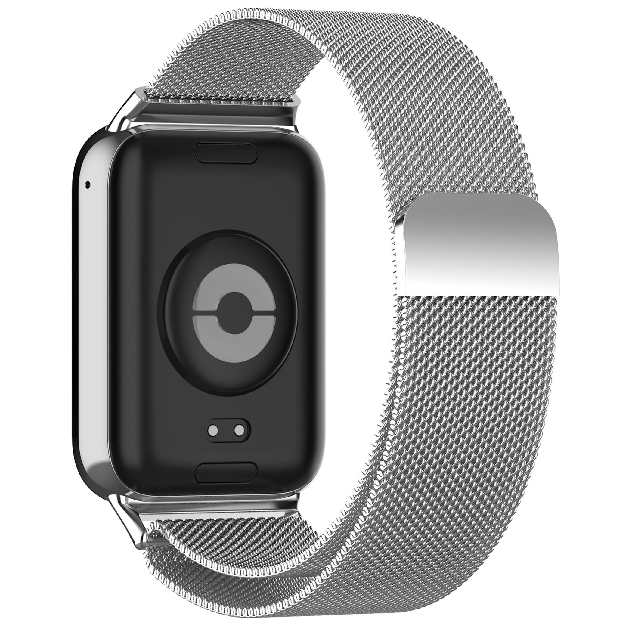 Rückseite einer Smartwatch mit silbernem Milanaise-Armband und Ladekontakten.