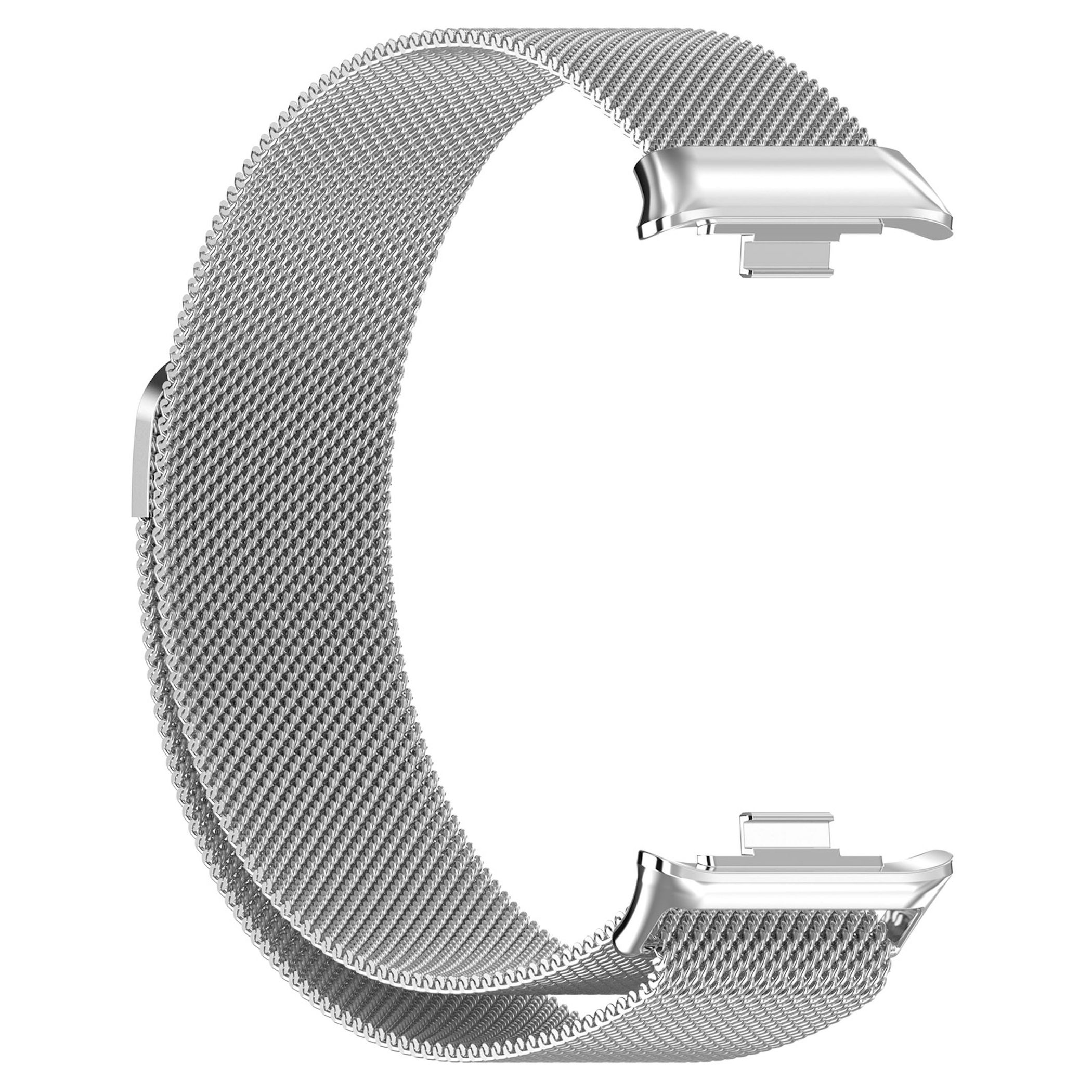 Silbernes Mesh-Armband für eine Uhr mit Schnellverschluss.