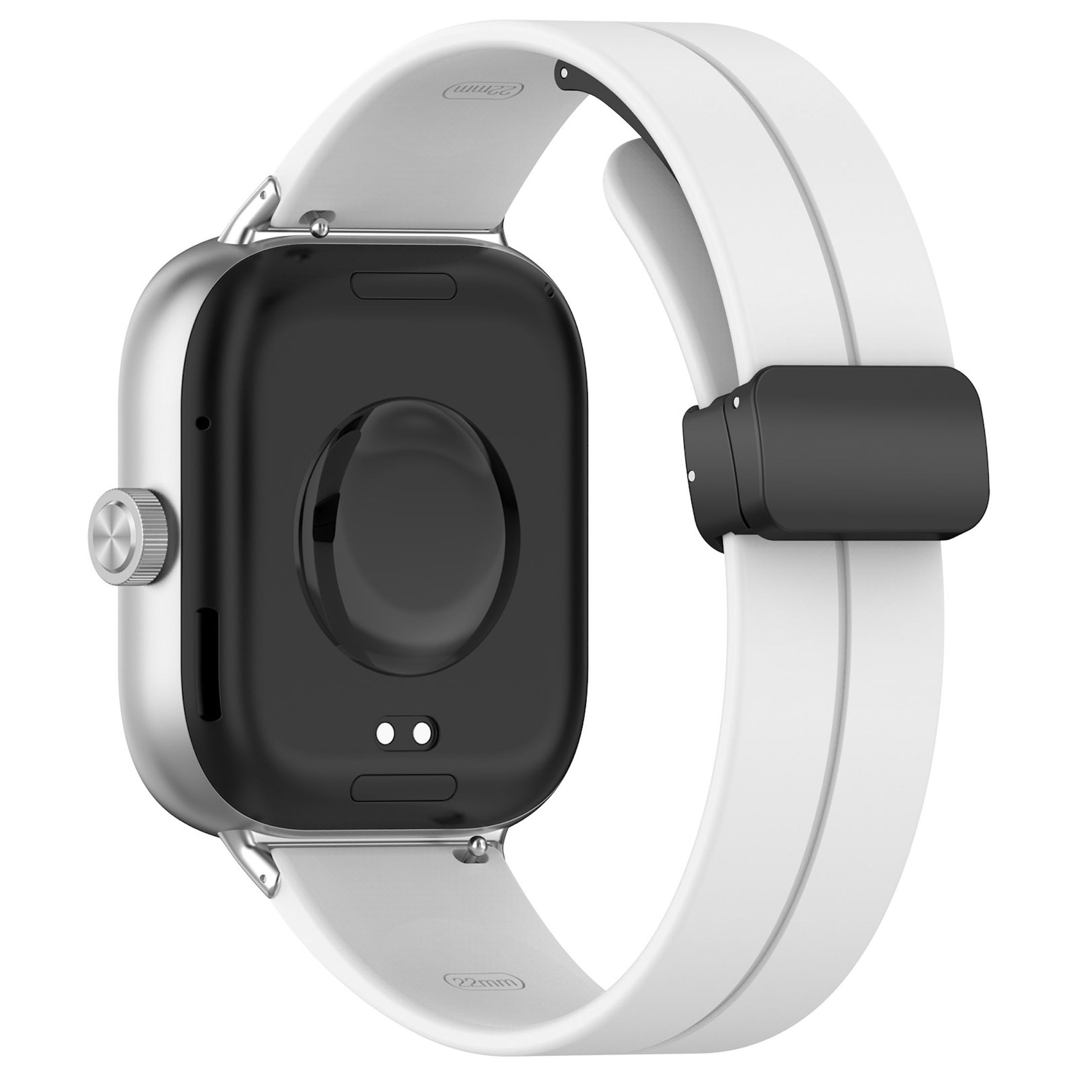 Rückseite einer Smartwatch mit silbernem Gehäuse, schwarzem Display und weißem Armband.