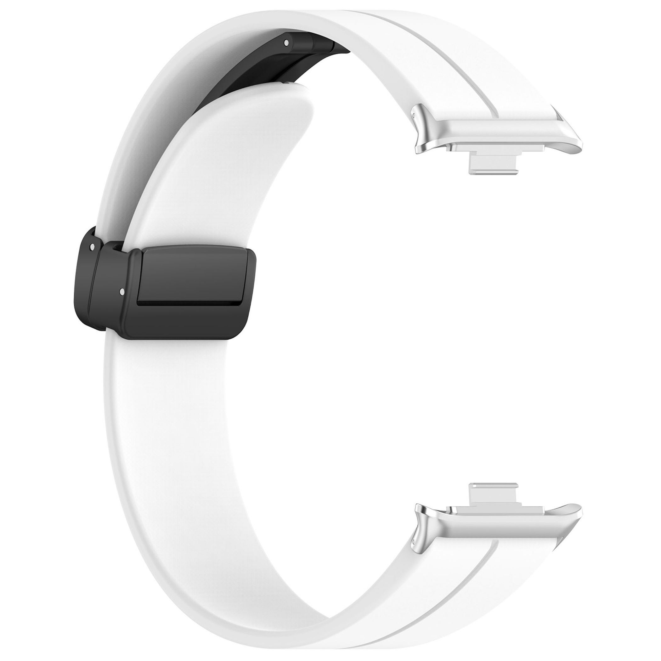 Weißes Armband mit schwarzem Verschluss und silbernen Anschlüssen.