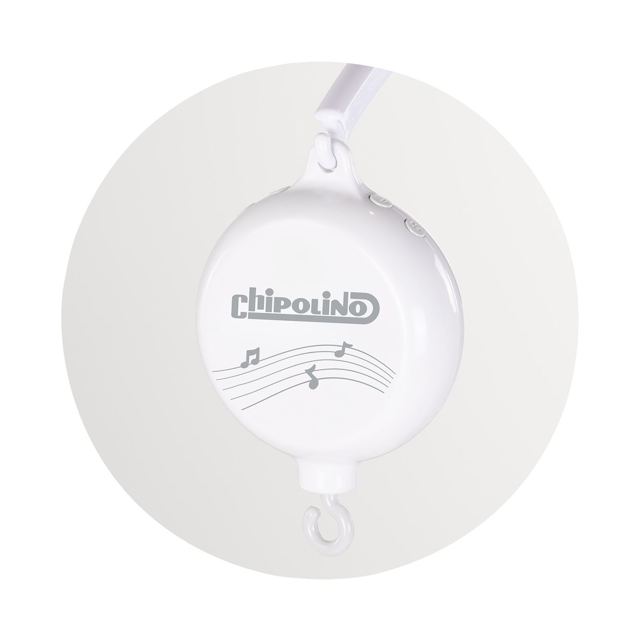 Ein weißes Musikwerk mit Noten und dem Logo "Chipolino".