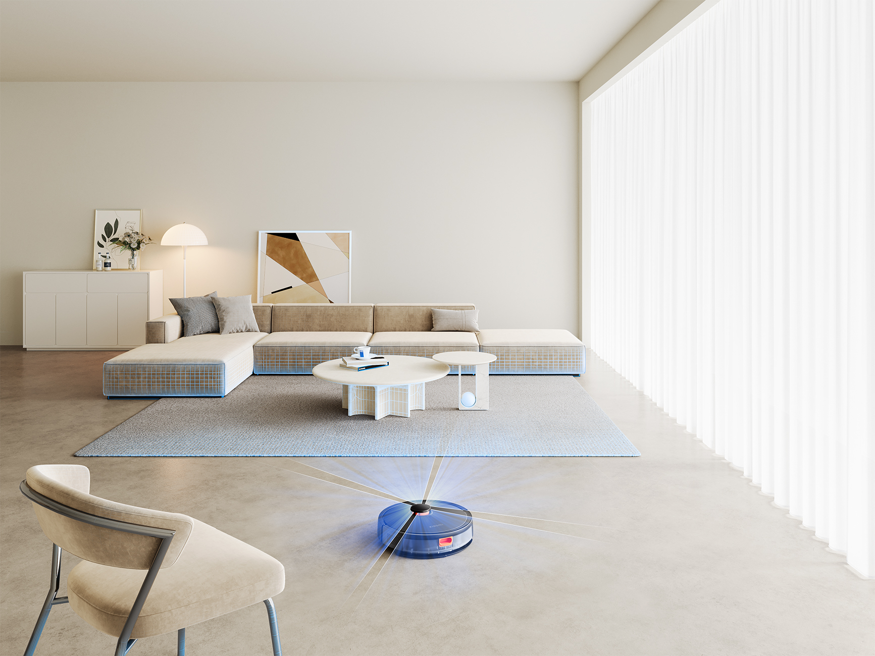 Un robot aspirador limpia el suelo en una sala de estar moderna con sofá y mesa de centro.