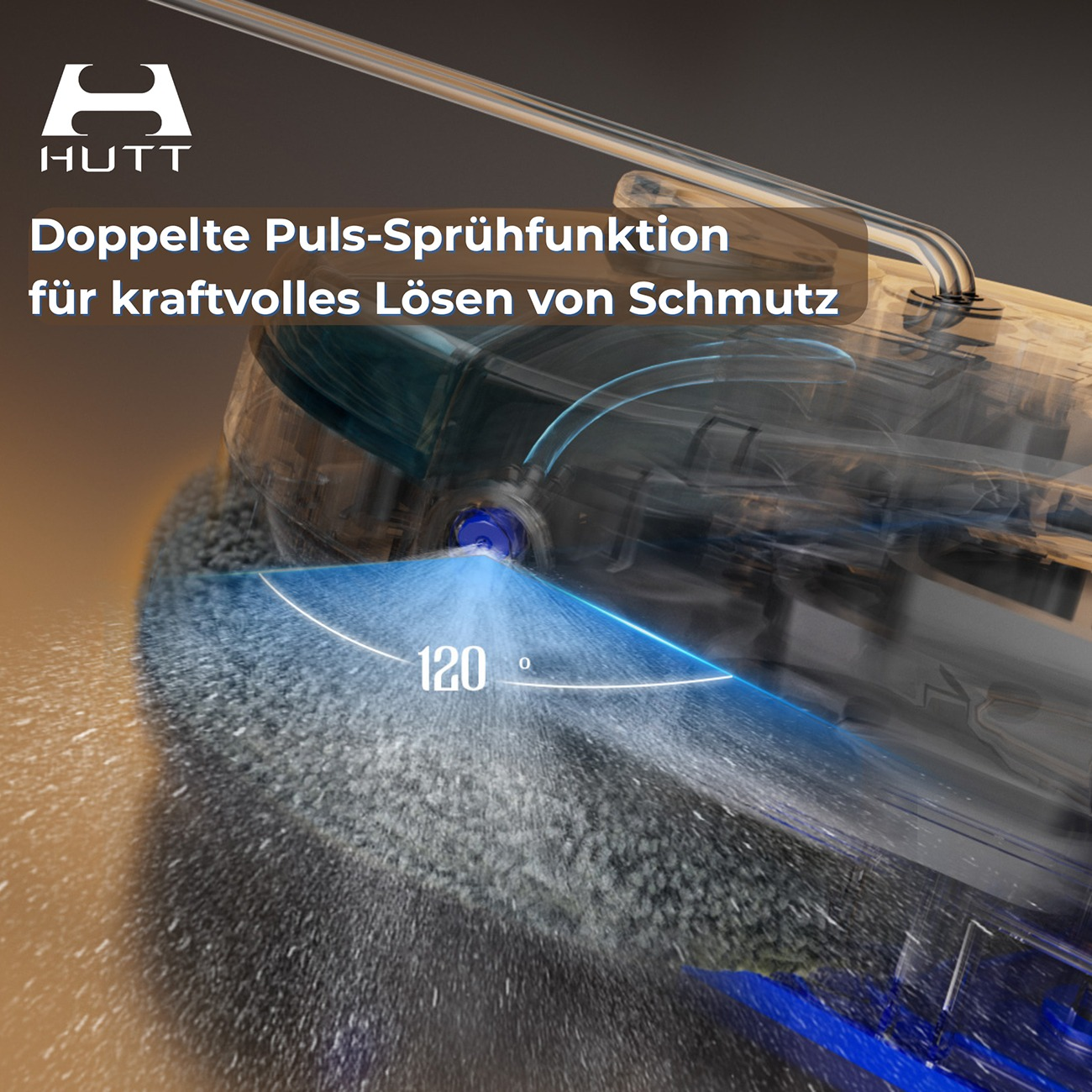 HUTT-Reiniger mit 120° Sprühwinkel löst Schmutz mit doppelter Pulsfunktion.