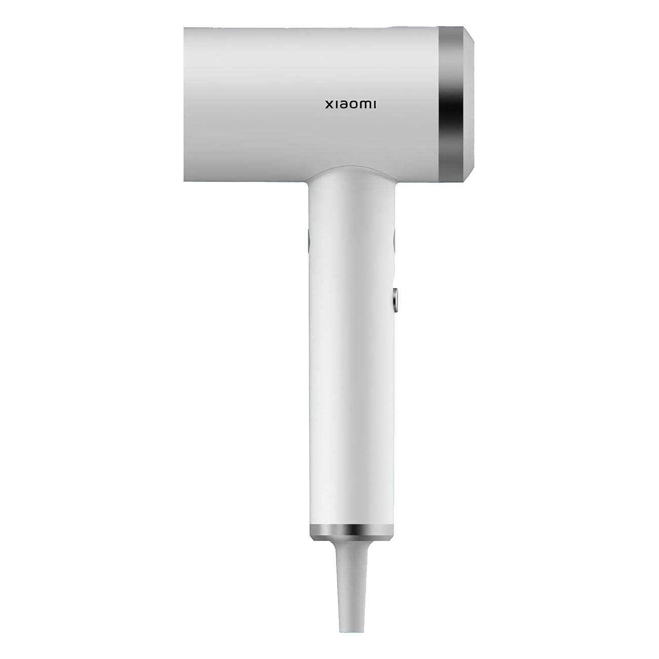 Een witte Xiaomi haardroger met zilveren accenten staat op een witte achtergrond.