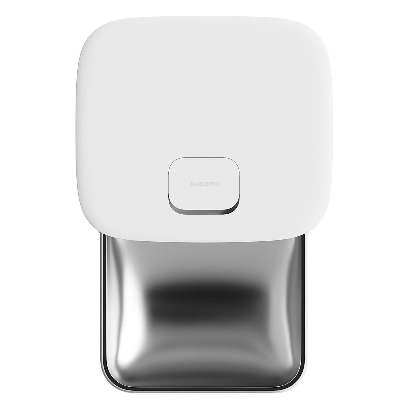 Comedero blanco Xiaomi para mascotas con cuenco plateado brillante. Diseño moderno.