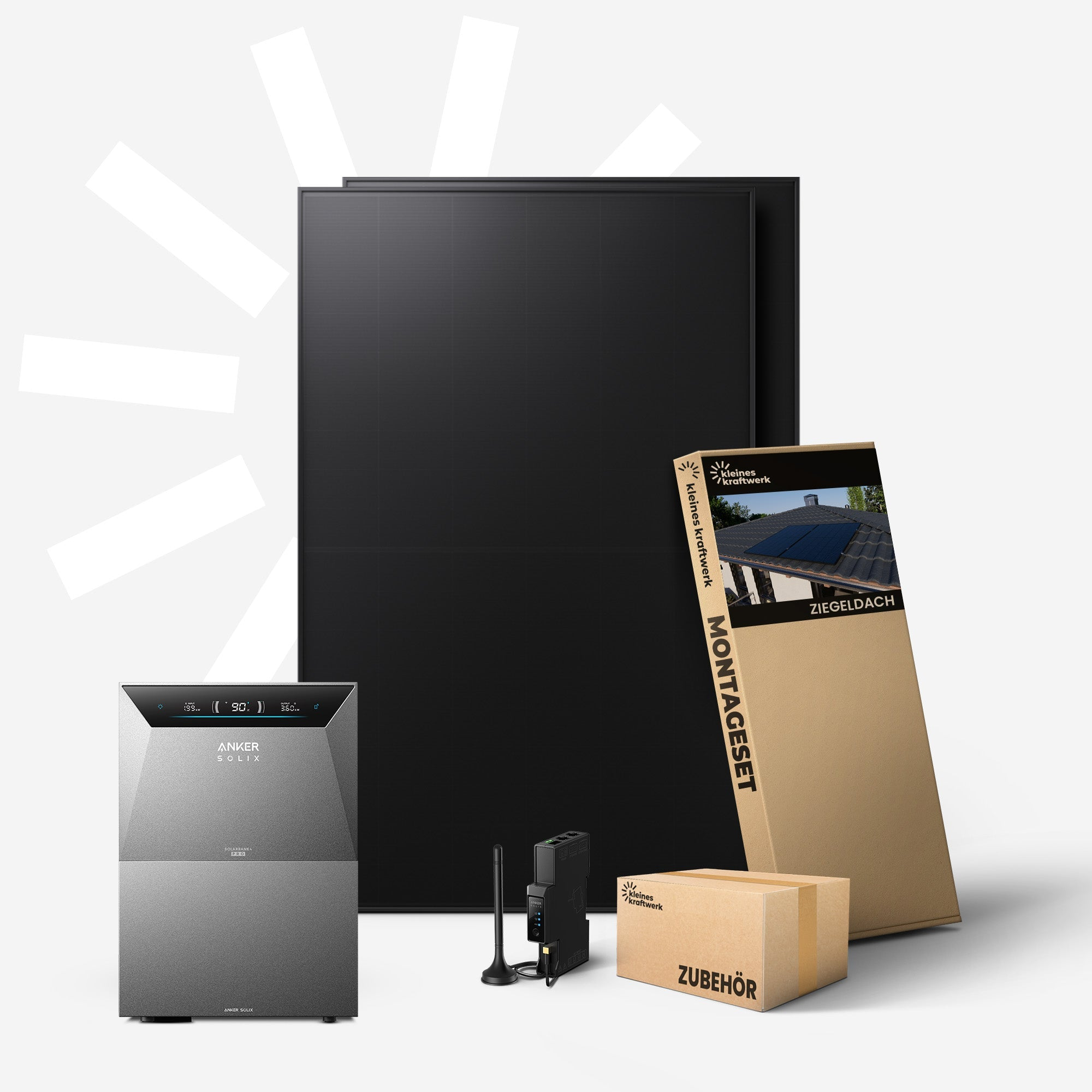 Zwei schwarze Solarmodule, ein Wechselrichter und Montageboxen.